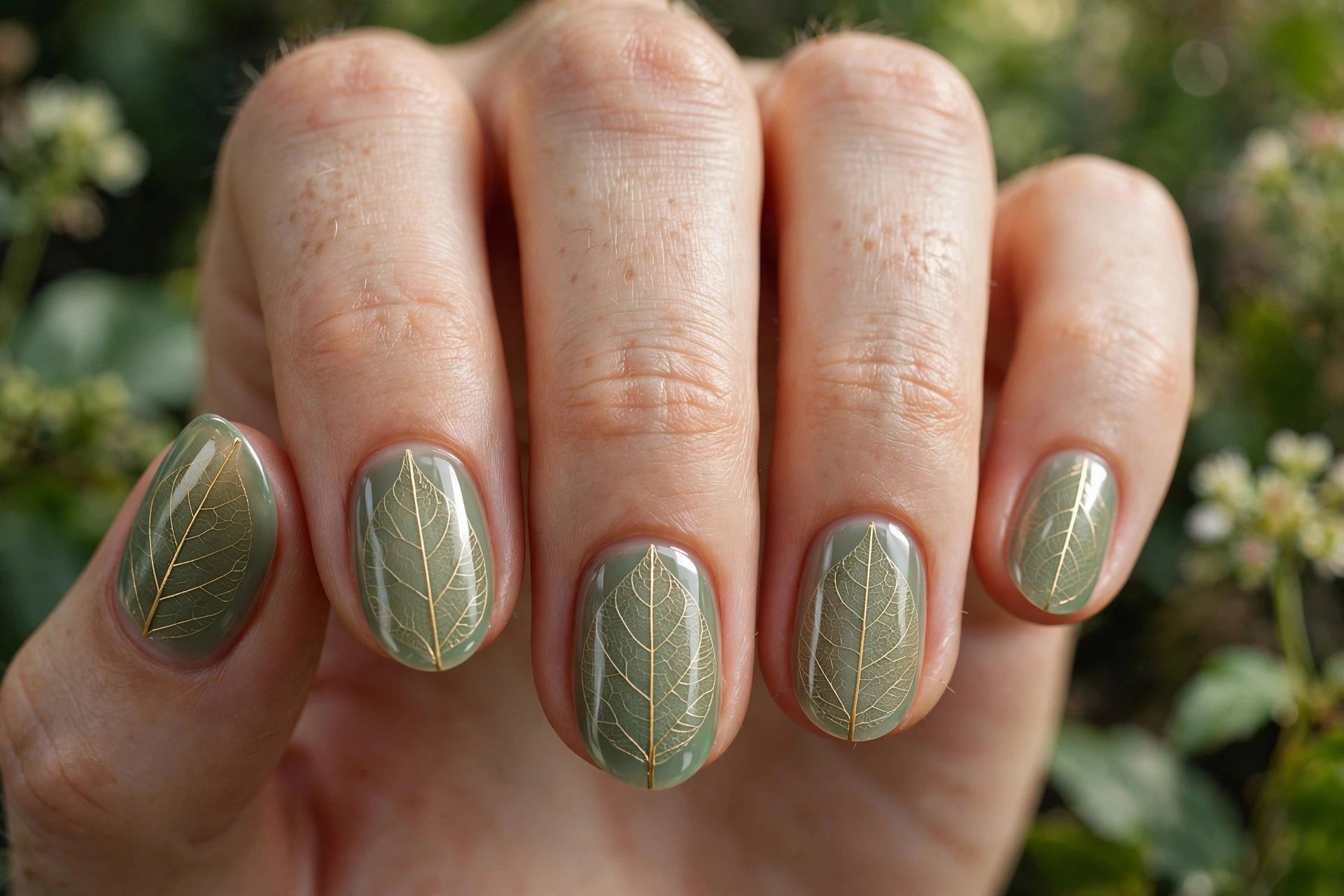 Minimalist leaf vein line art nail design with gold leaf skeletons on sage green translucent nails