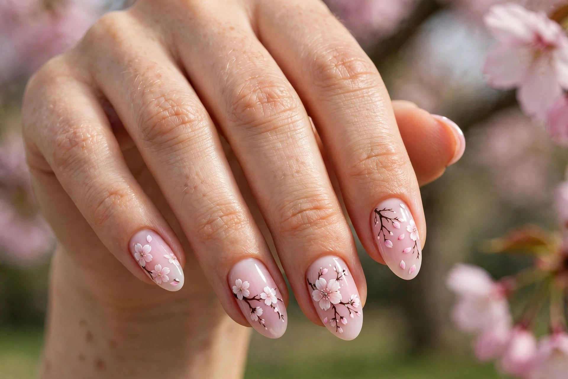 Cherry blossom nail art with pink gradient nails and hand painted sakura blossoms and branches