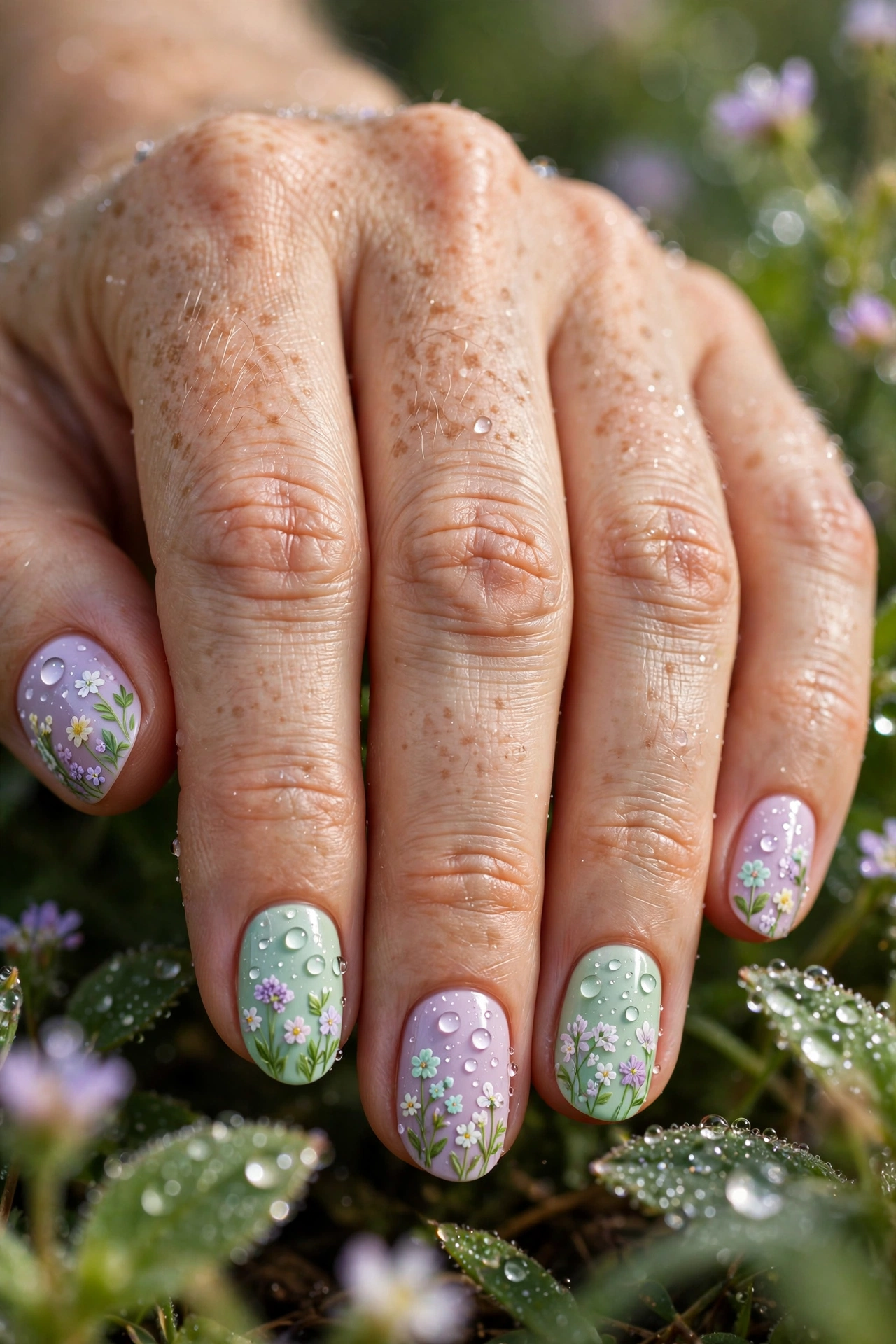 Dewdrop floral nail art with tiny wildflowers and glossy dew drops on lilac and mint nails