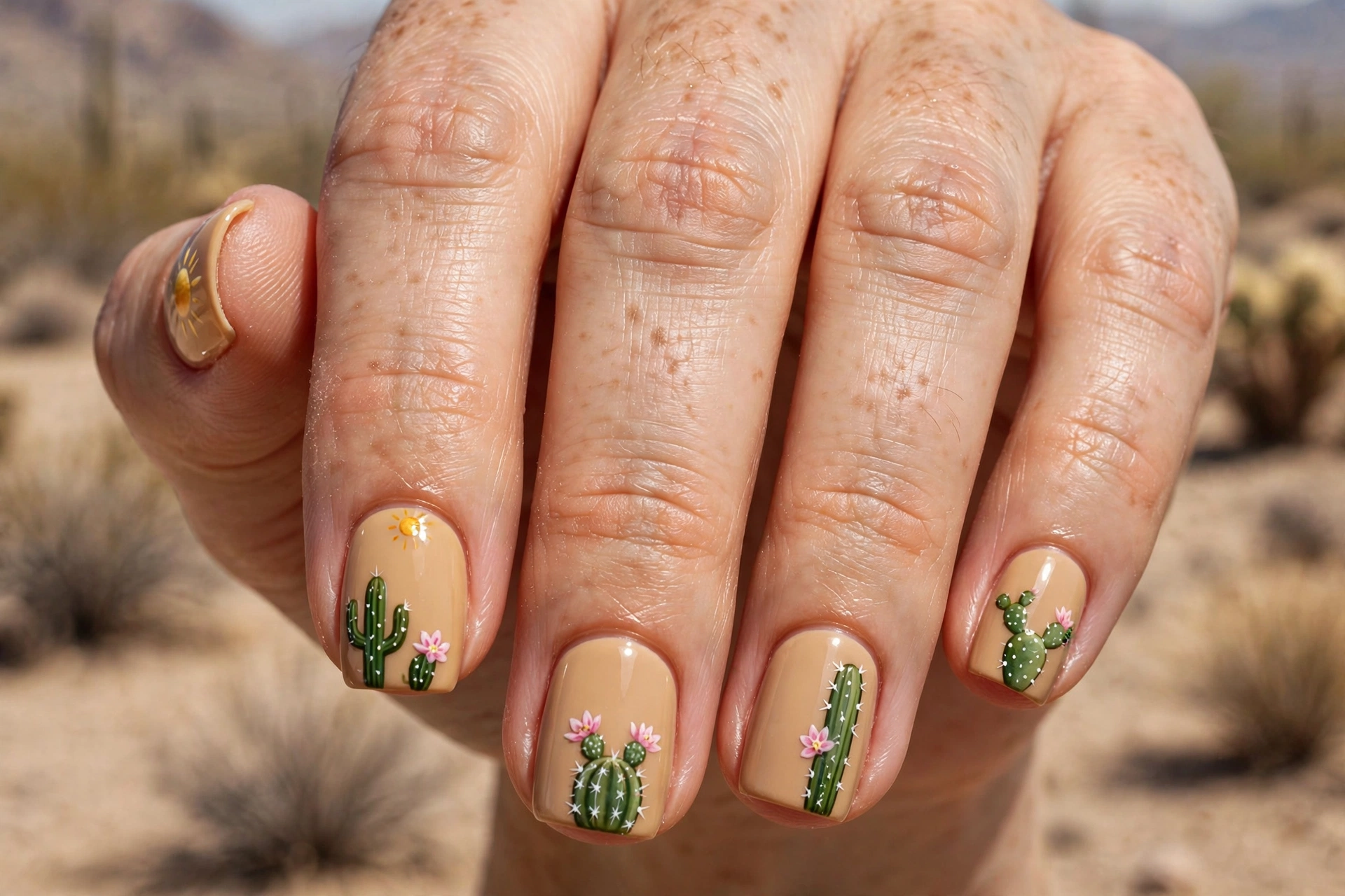 Desert cactus nail art with painted green cacti, desert flowers and warm sun on sandy beige nails