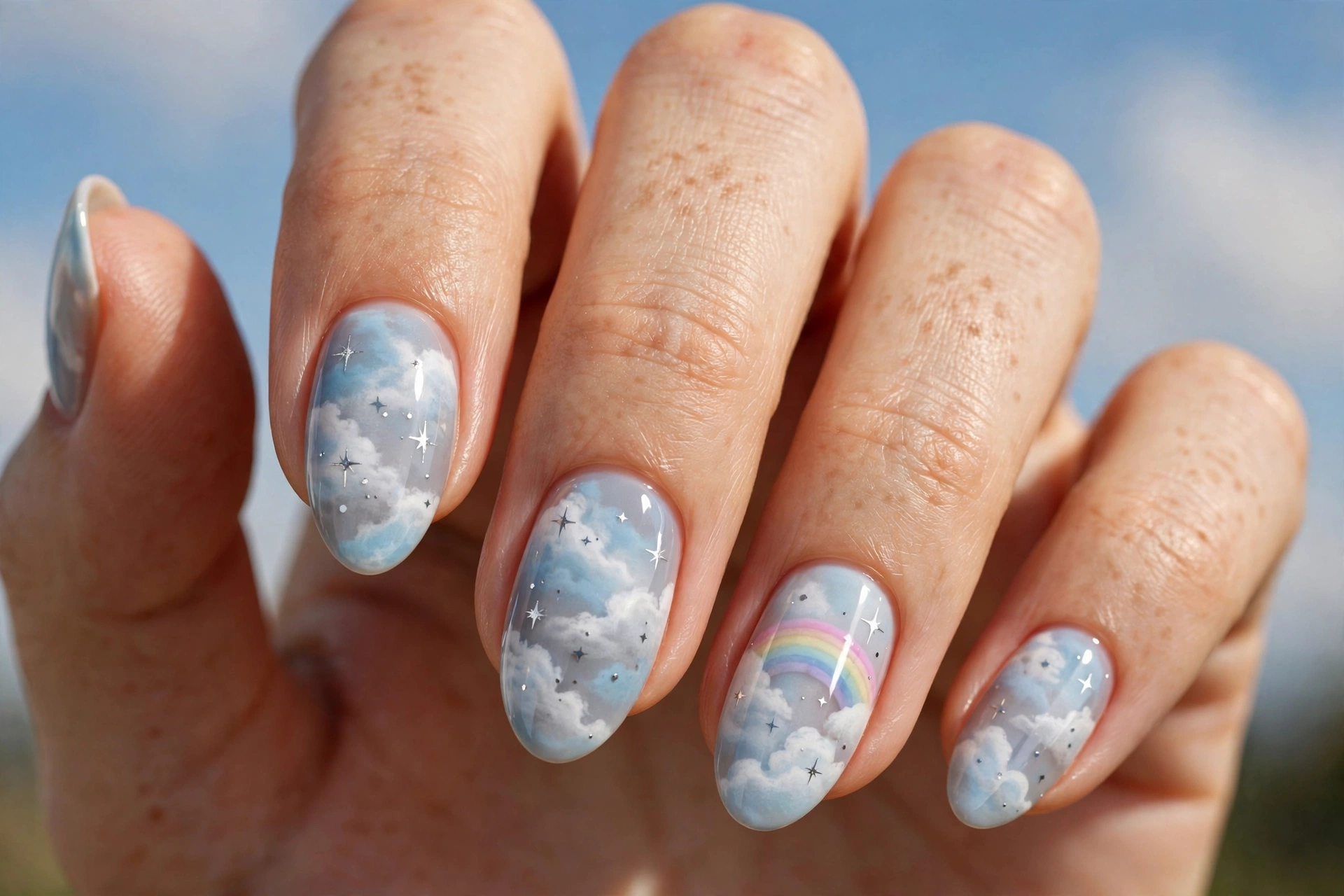 Cloudy sky gradient nail art with powder blue, white and grey swirls and tiny silver stars