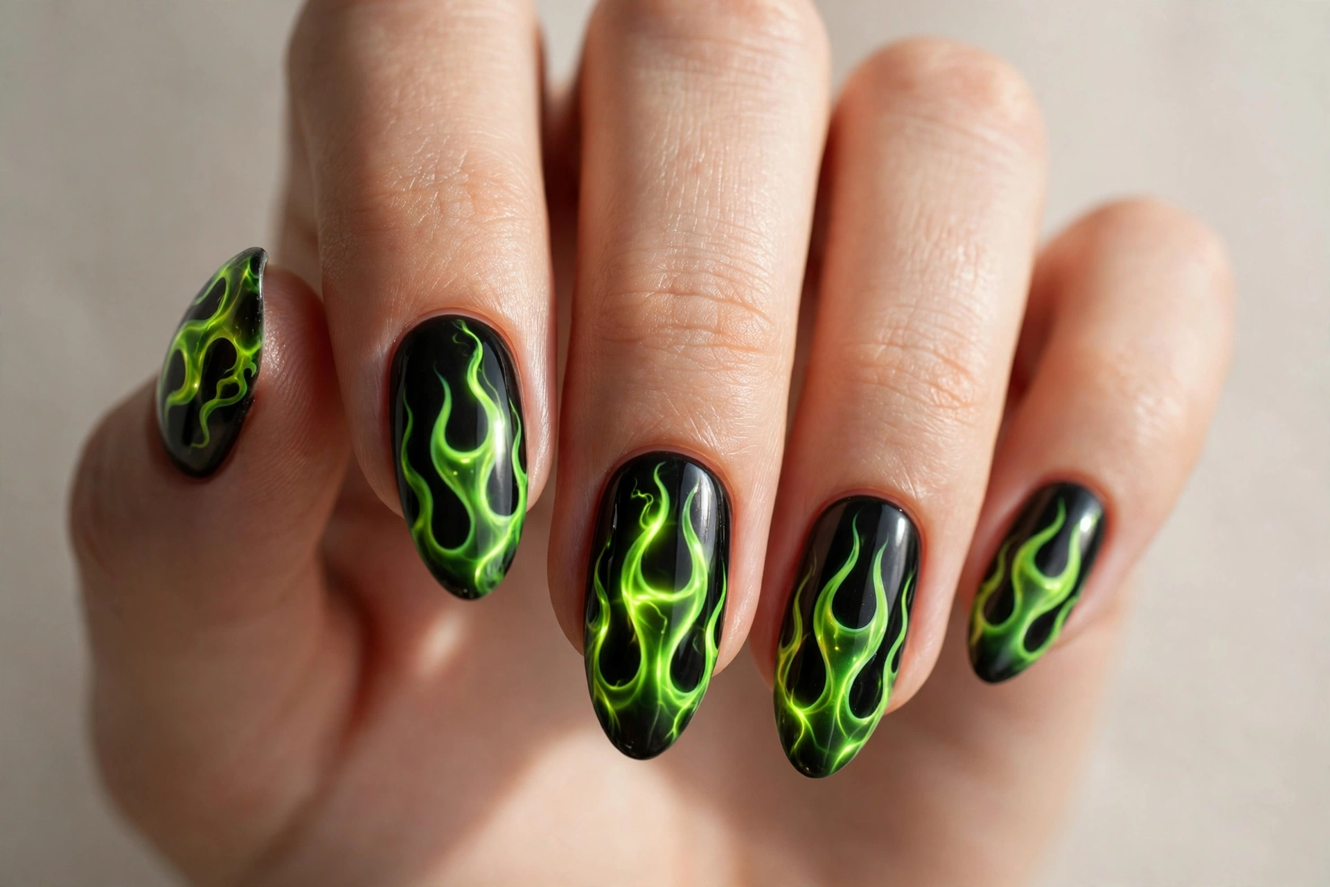 Neon green flame nail art over a black base