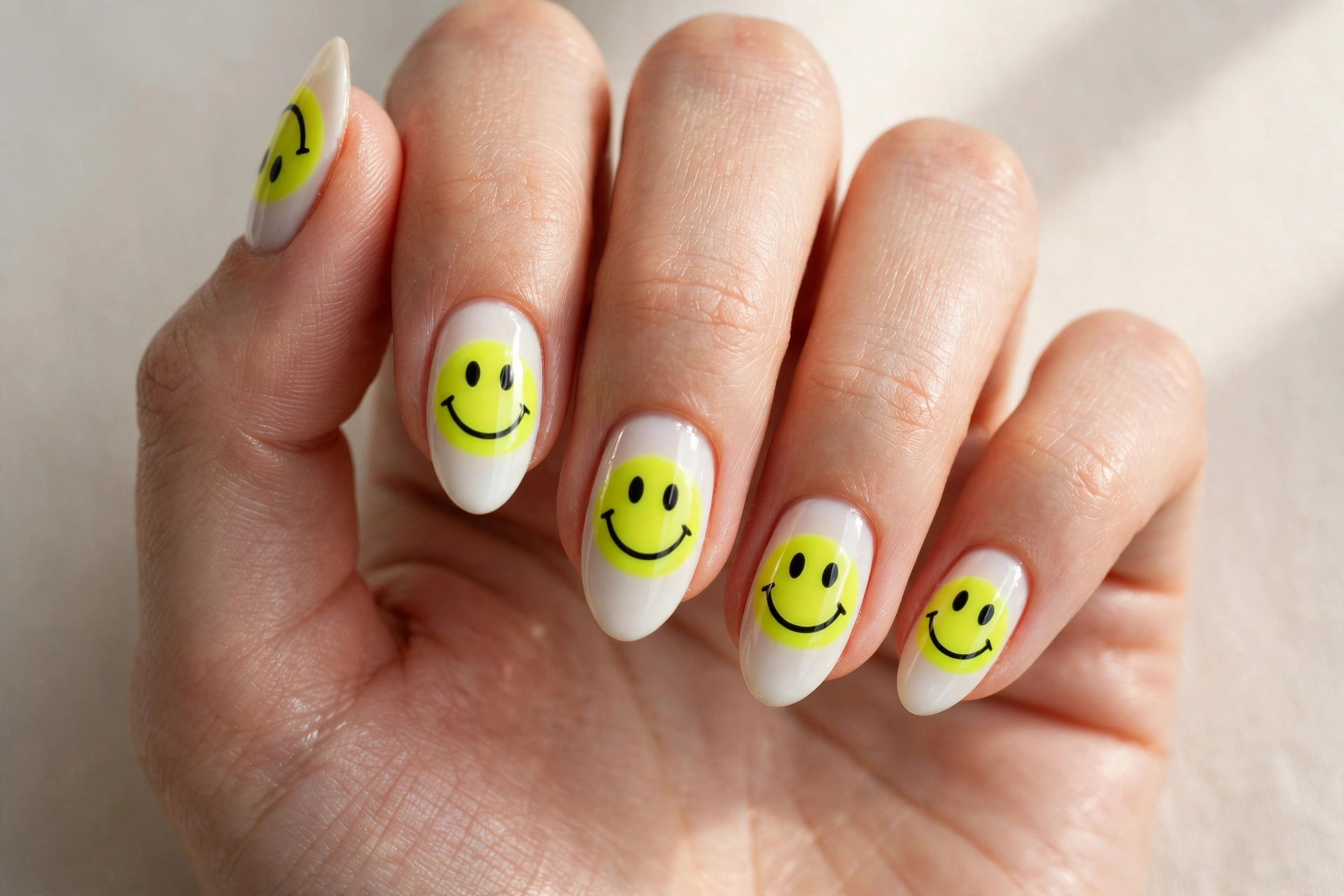 Neon yellow smiley face nail art over a white base