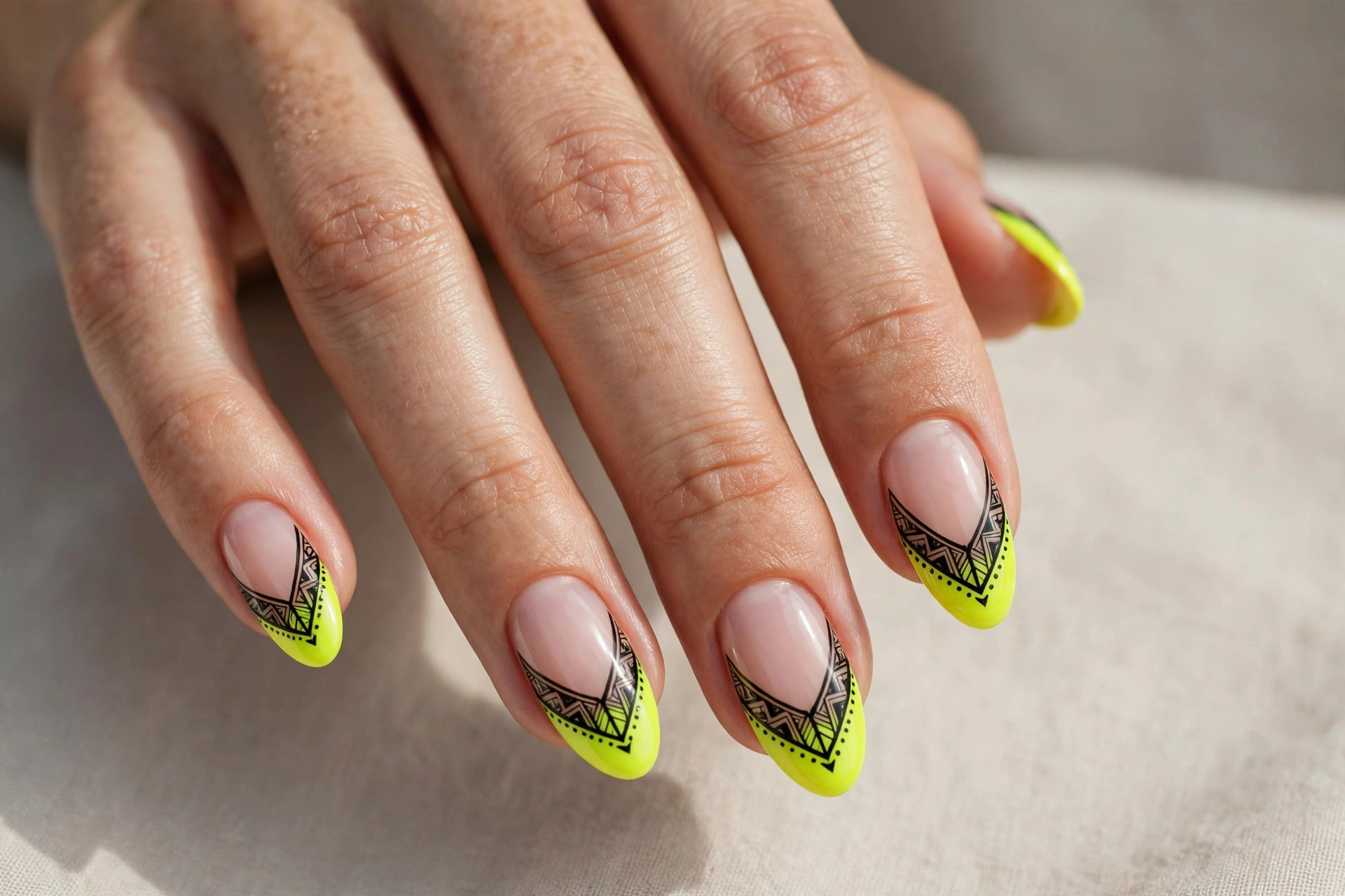 Neon yellow French tips with black tribal pattern detail