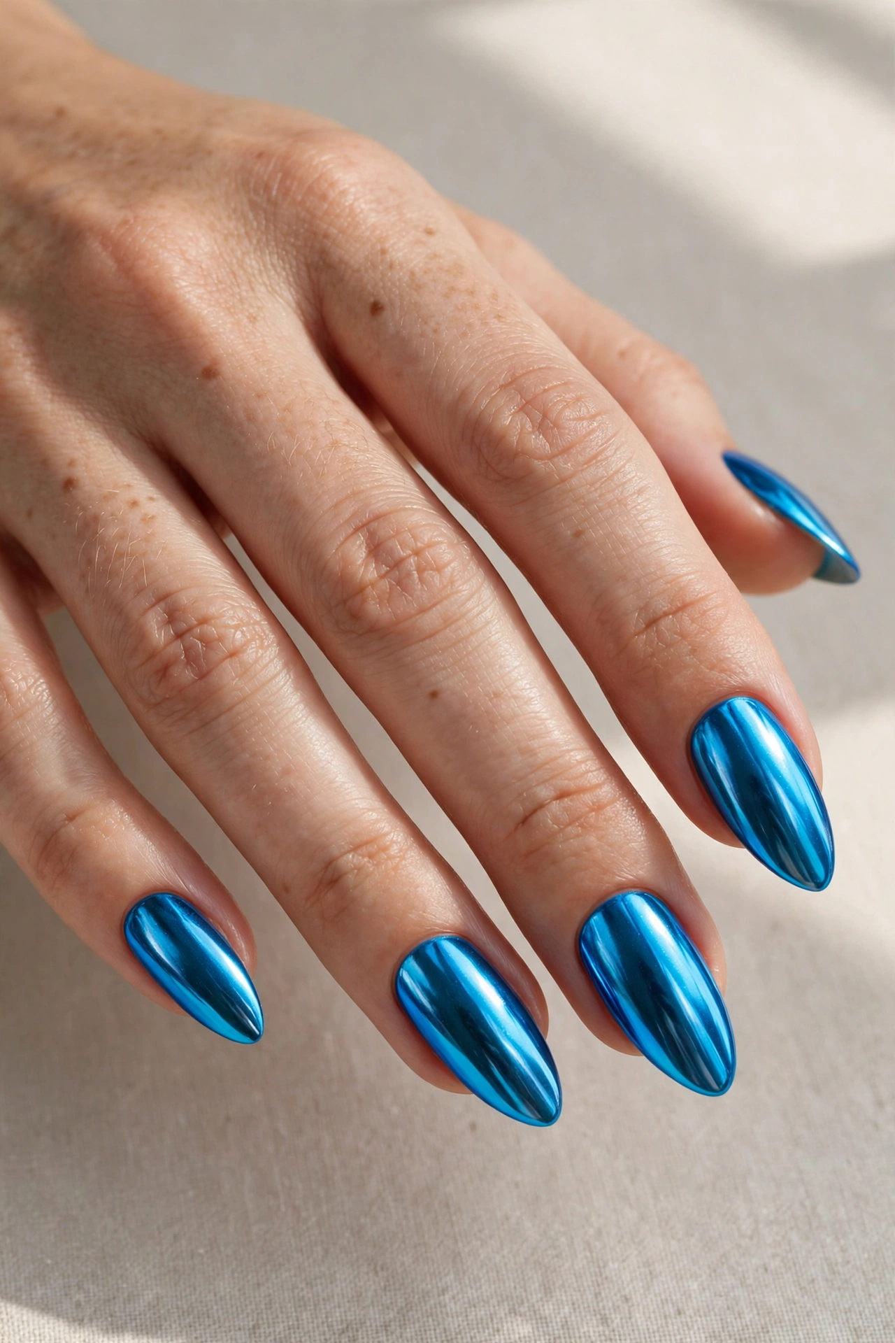 Electric blue chrome nails with a mirror finish