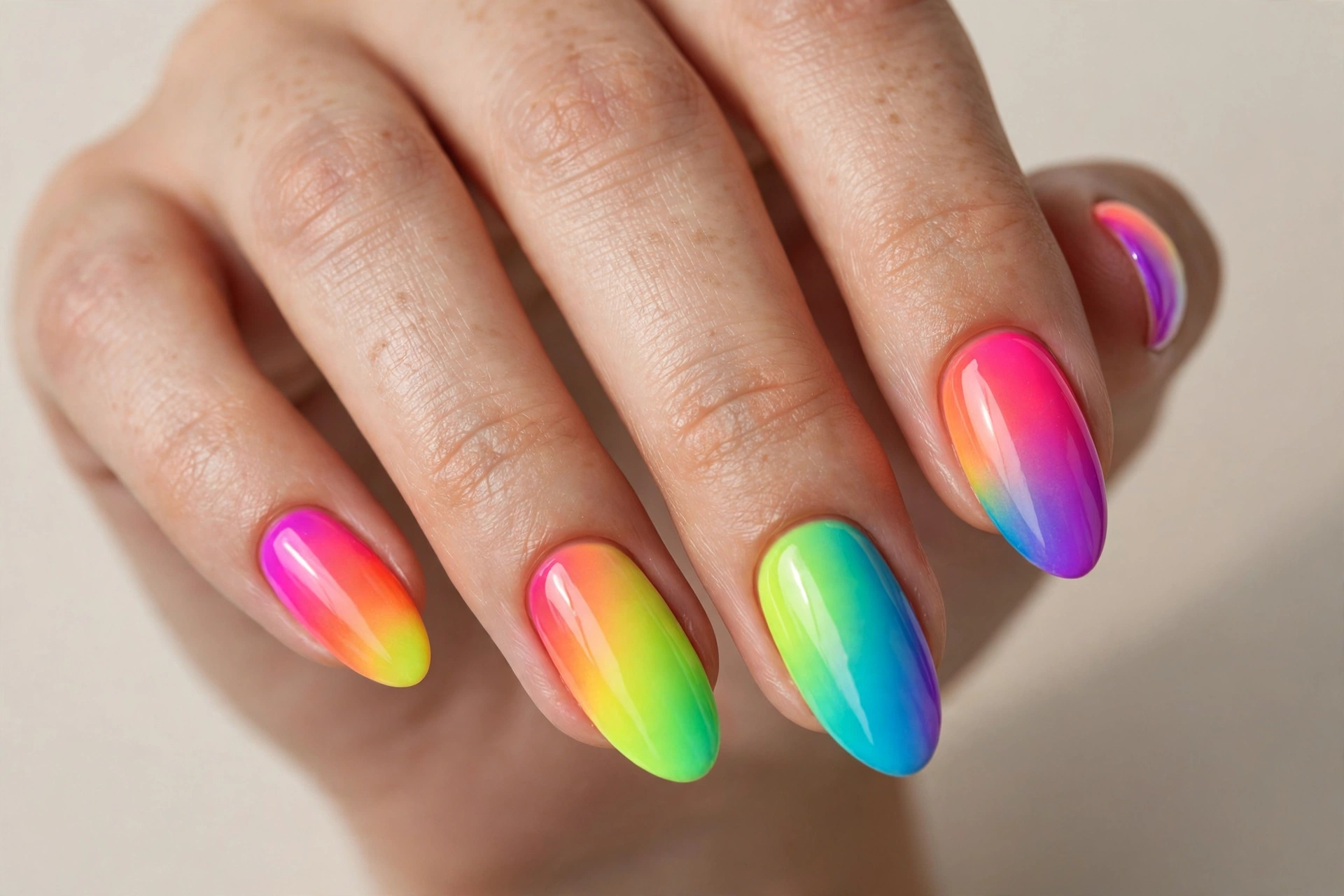Rainbow neon ombre nails with blended bright gradients