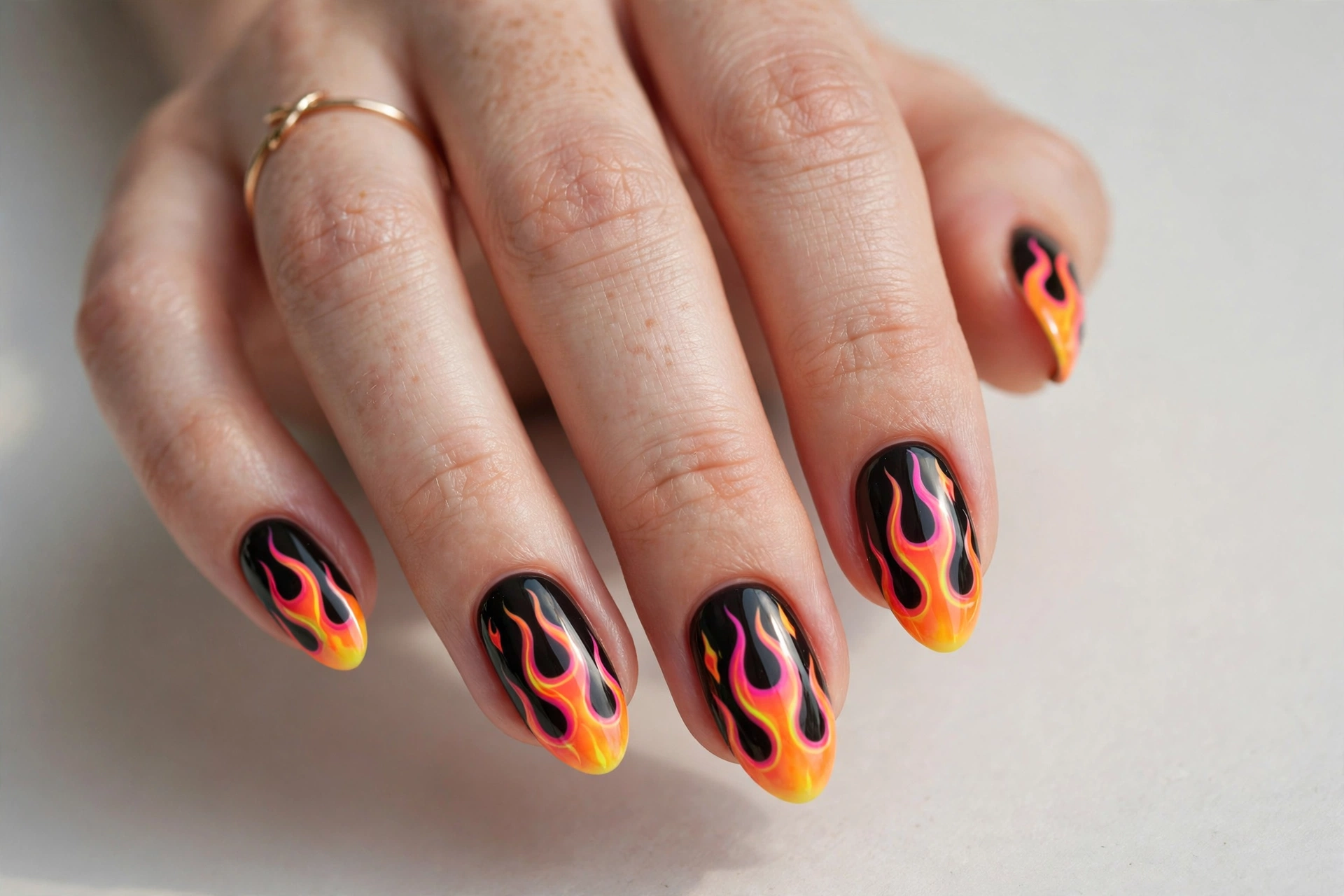 Neon orange and pink flame nail art on a black base