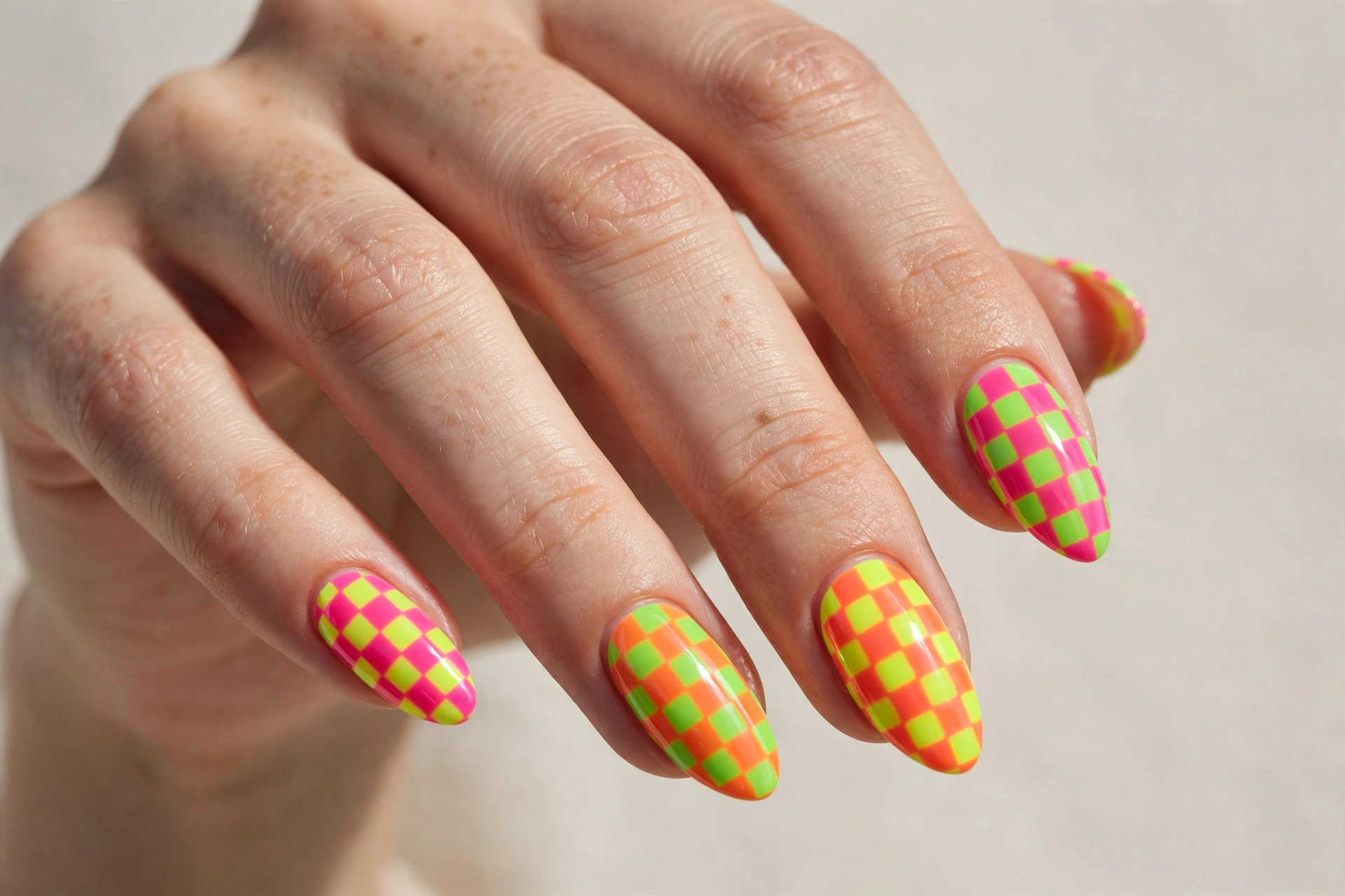 Neon checkerboard nail art in pink, green and orange