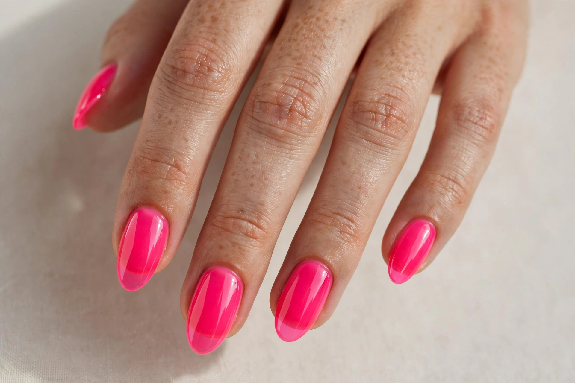 Sheer neon pink jelly nails with translucent glossy tips
