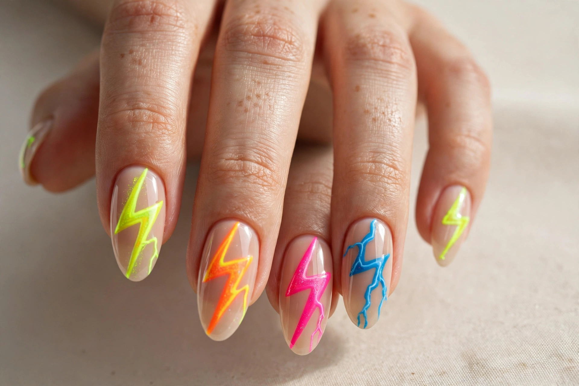 Neon lightning bolts in green, orange, pink and blue on a nude base