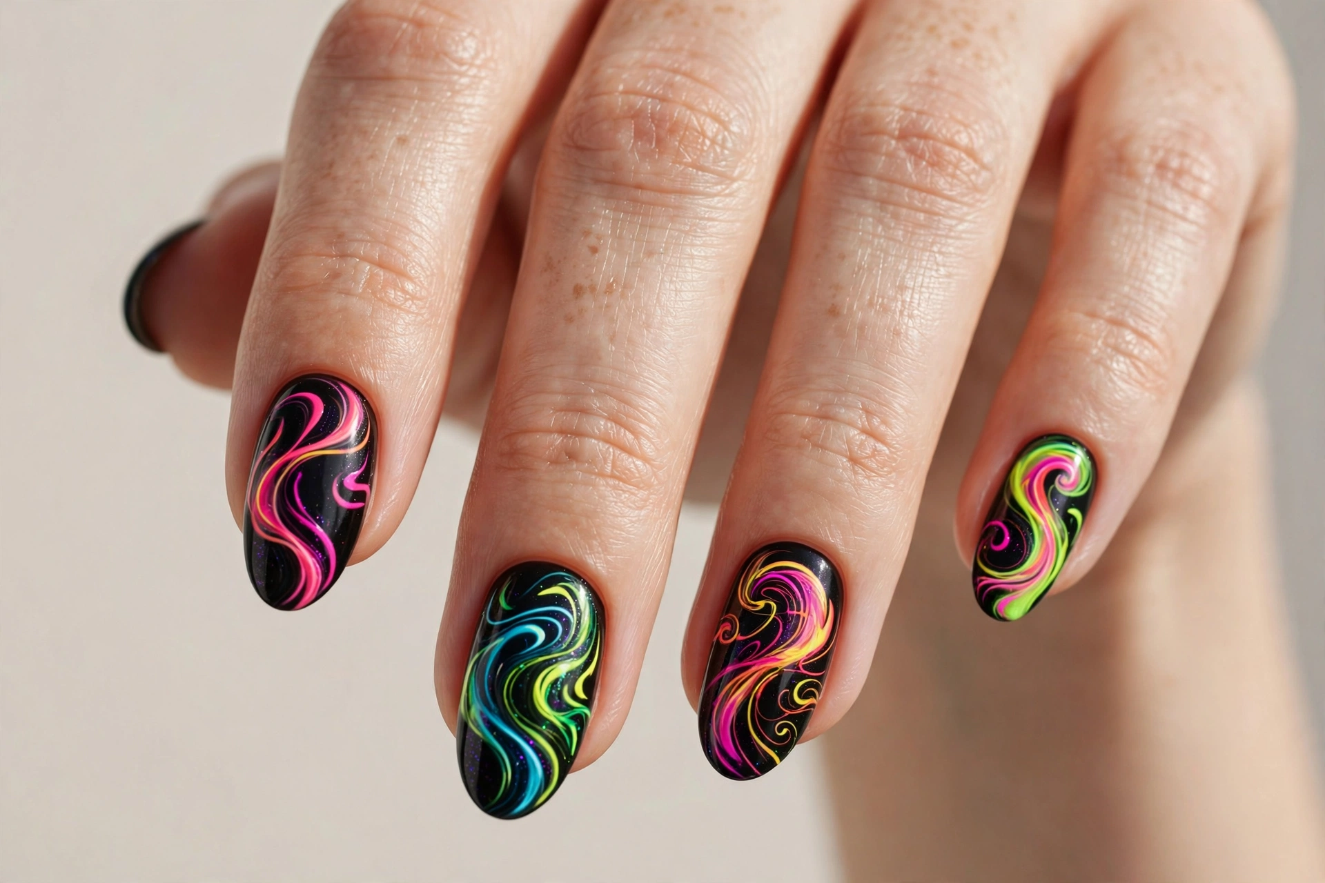 Neon swirl nail art in pink, green and blue on a black base