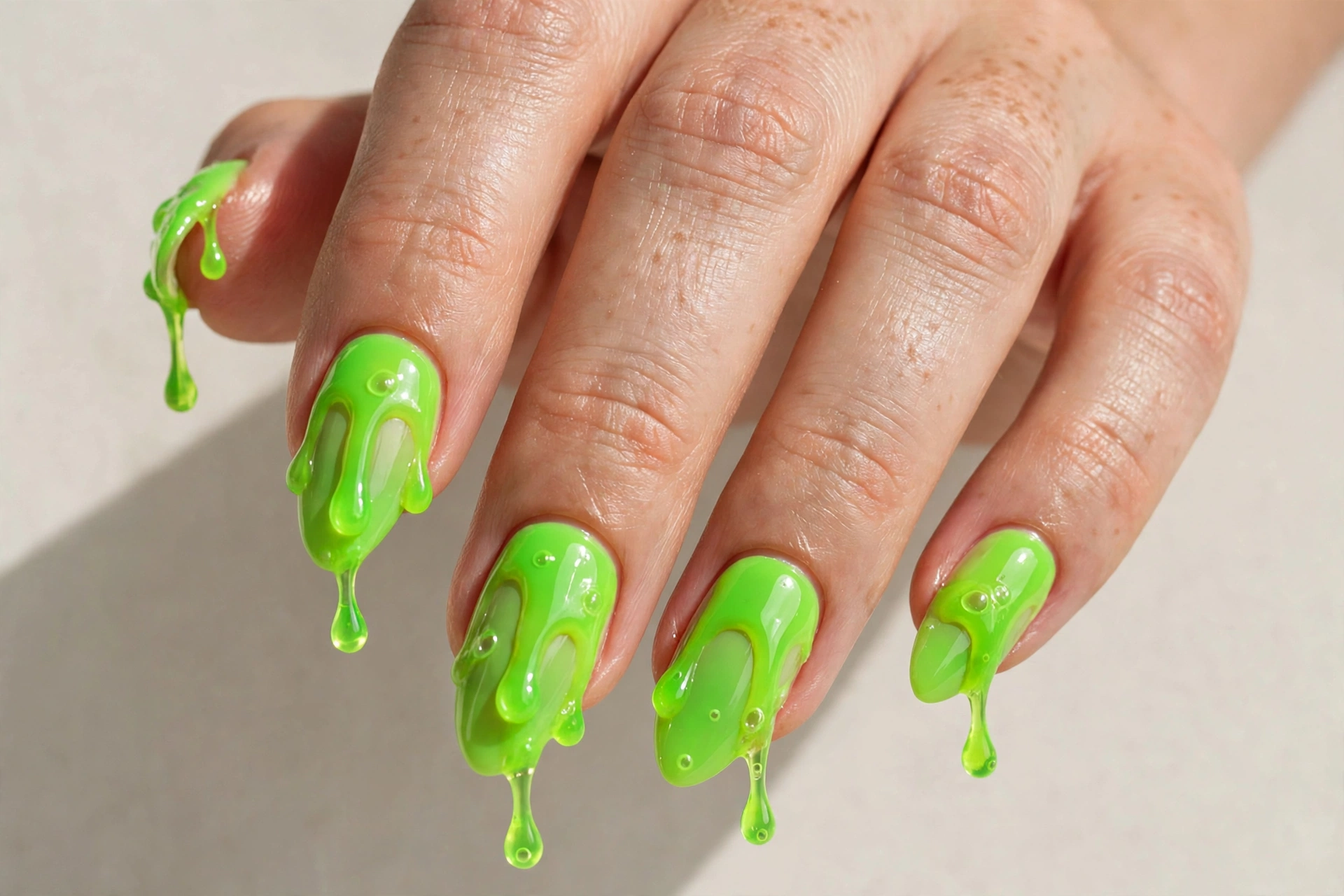Neon lime green slime drip nail art with 3D drops