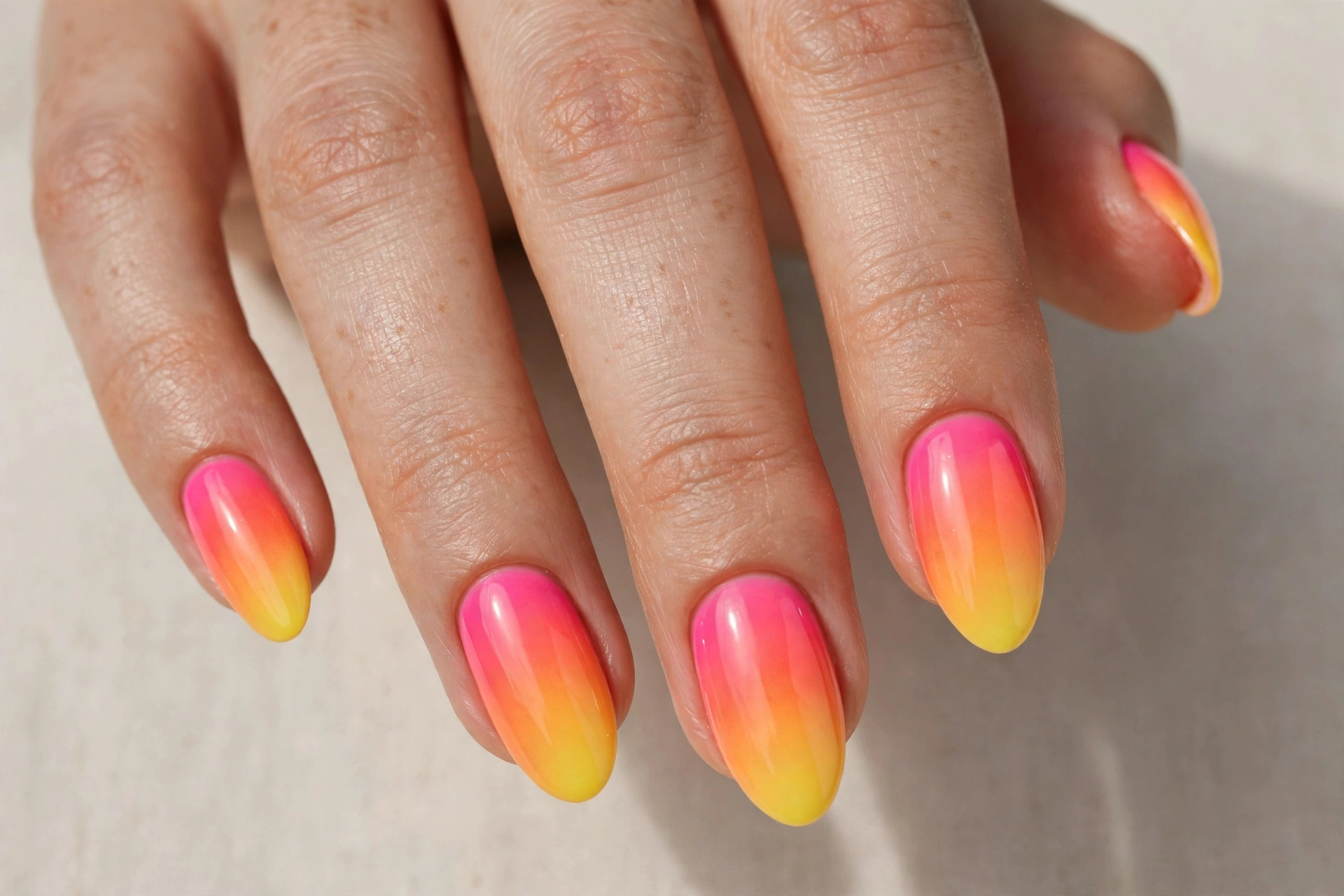 Pink to yellow neon ombre nails in a sunset fade