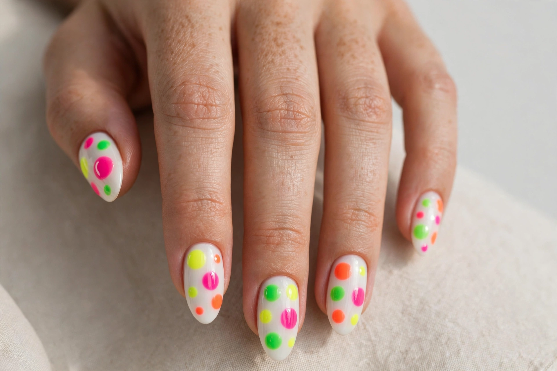 Neon polka dot nails in pink, green, yellow and orange on a white base