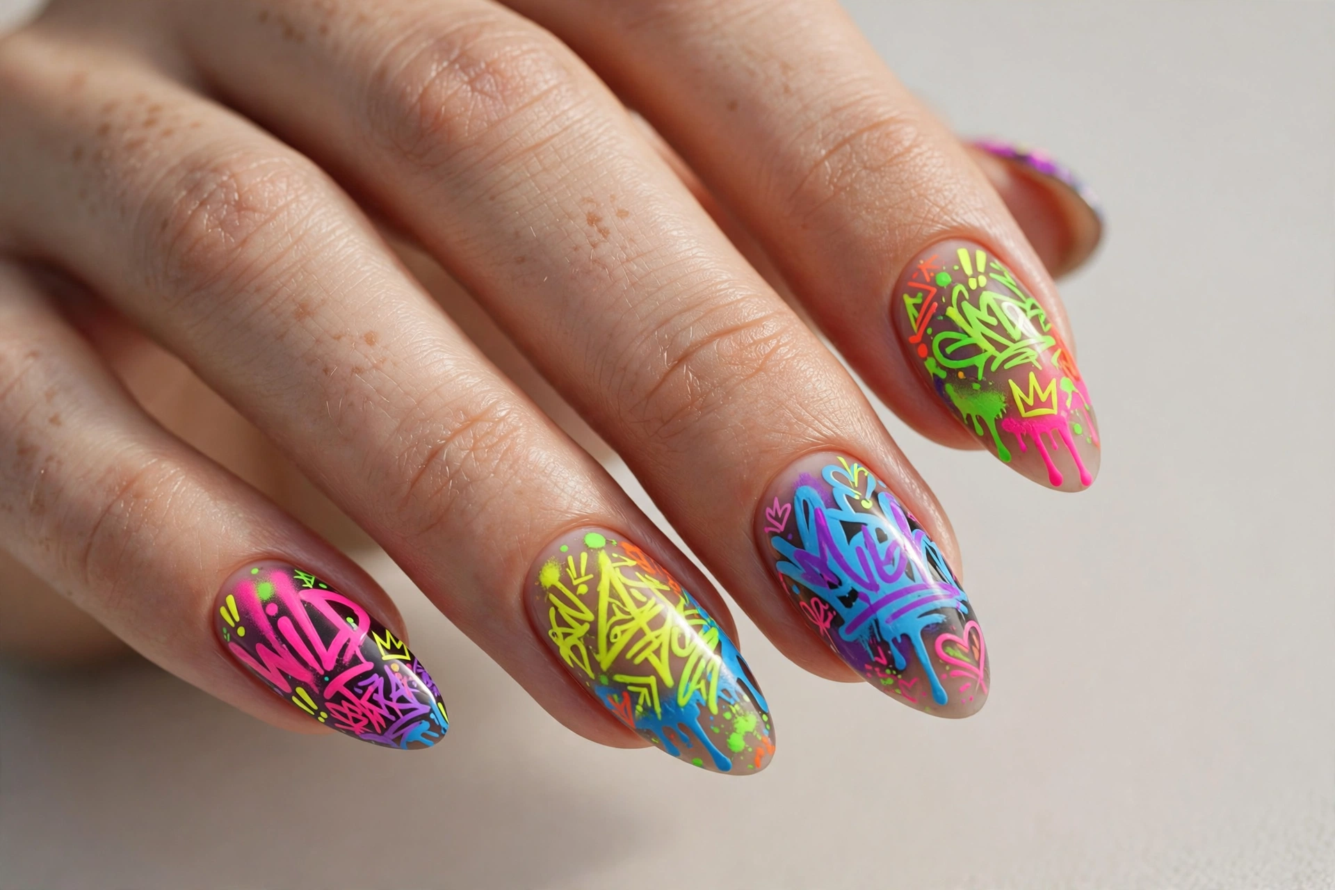 Neon graffiti nail art with colorful street-art doodles