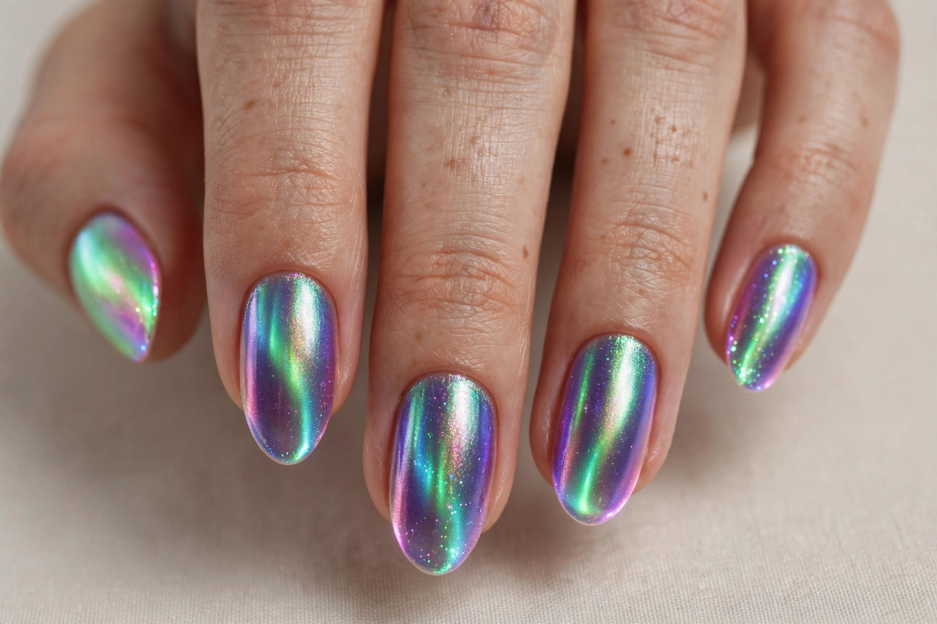 Aurora neon chrome nails shifting between purple, green and pink