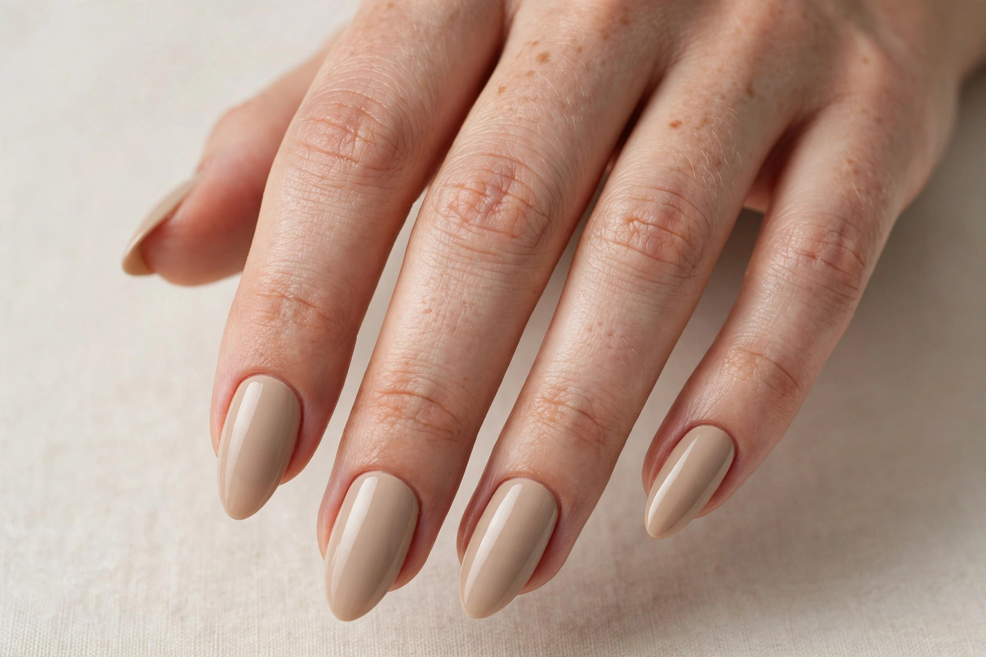Classic beige neutral nail design on almond nails