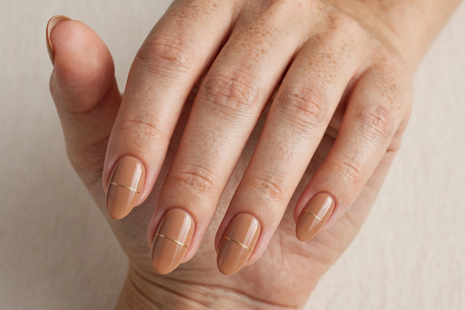 Caramel nude nail design with gold accent lines