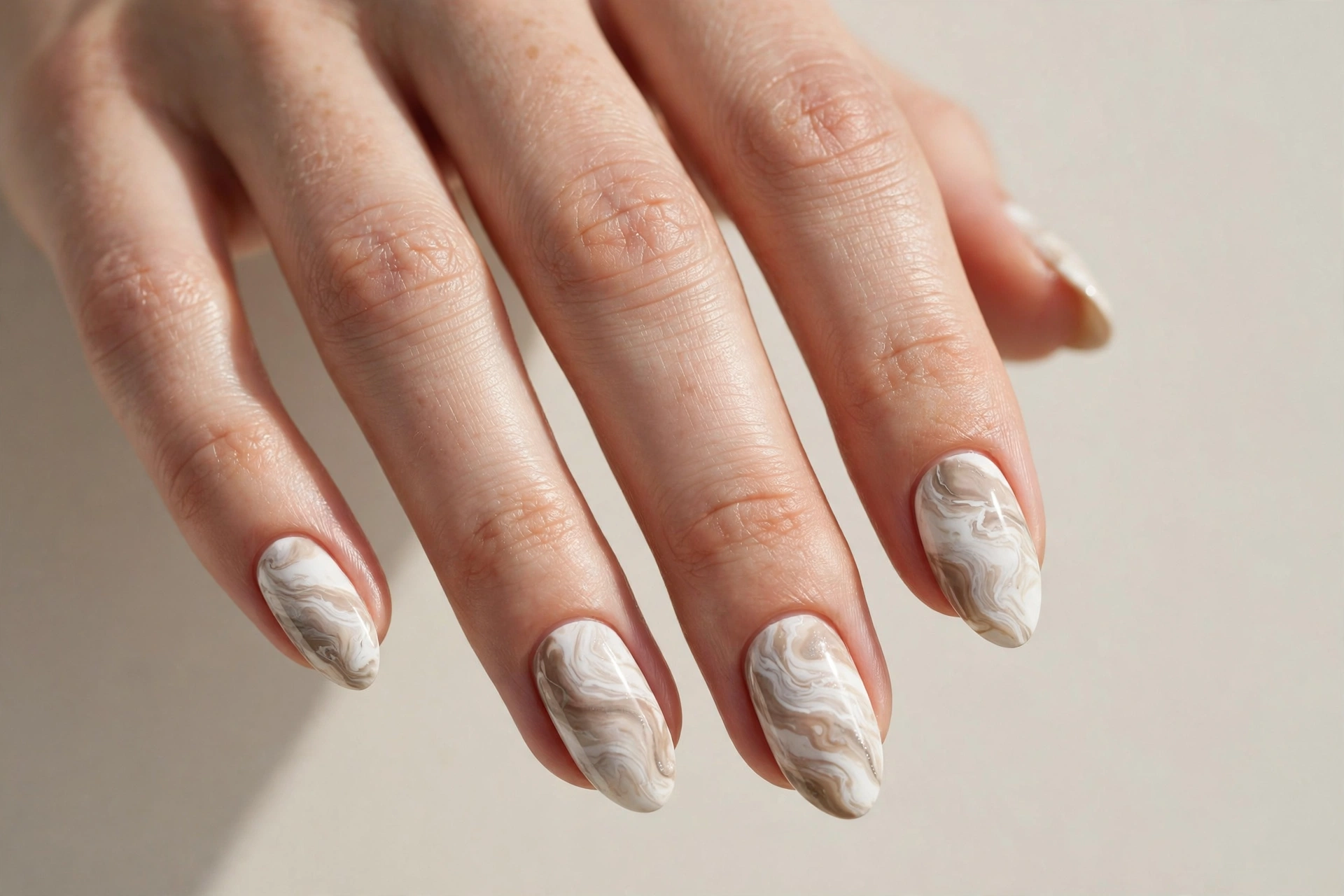 Neutral marble nail art with white and beige swirls