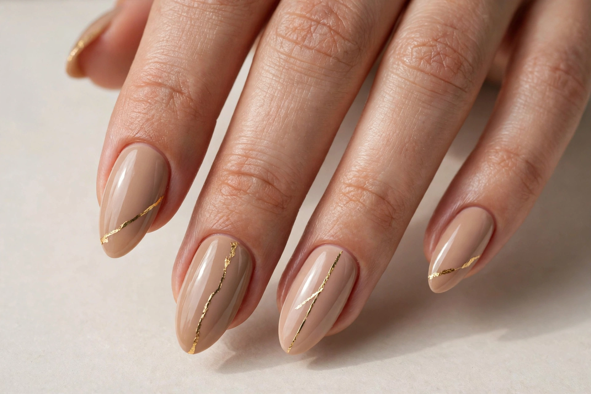 Nude beige nail design with gold foil line accents