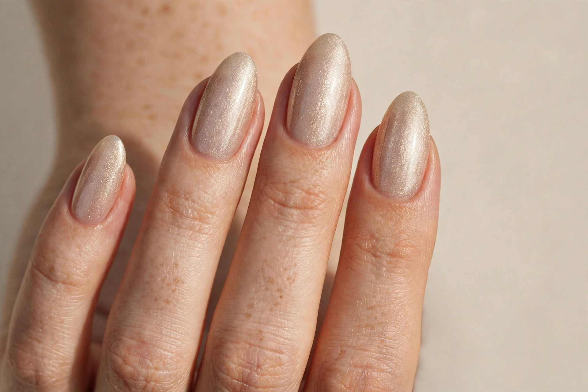 Soft champagne shimmer neutral nail design