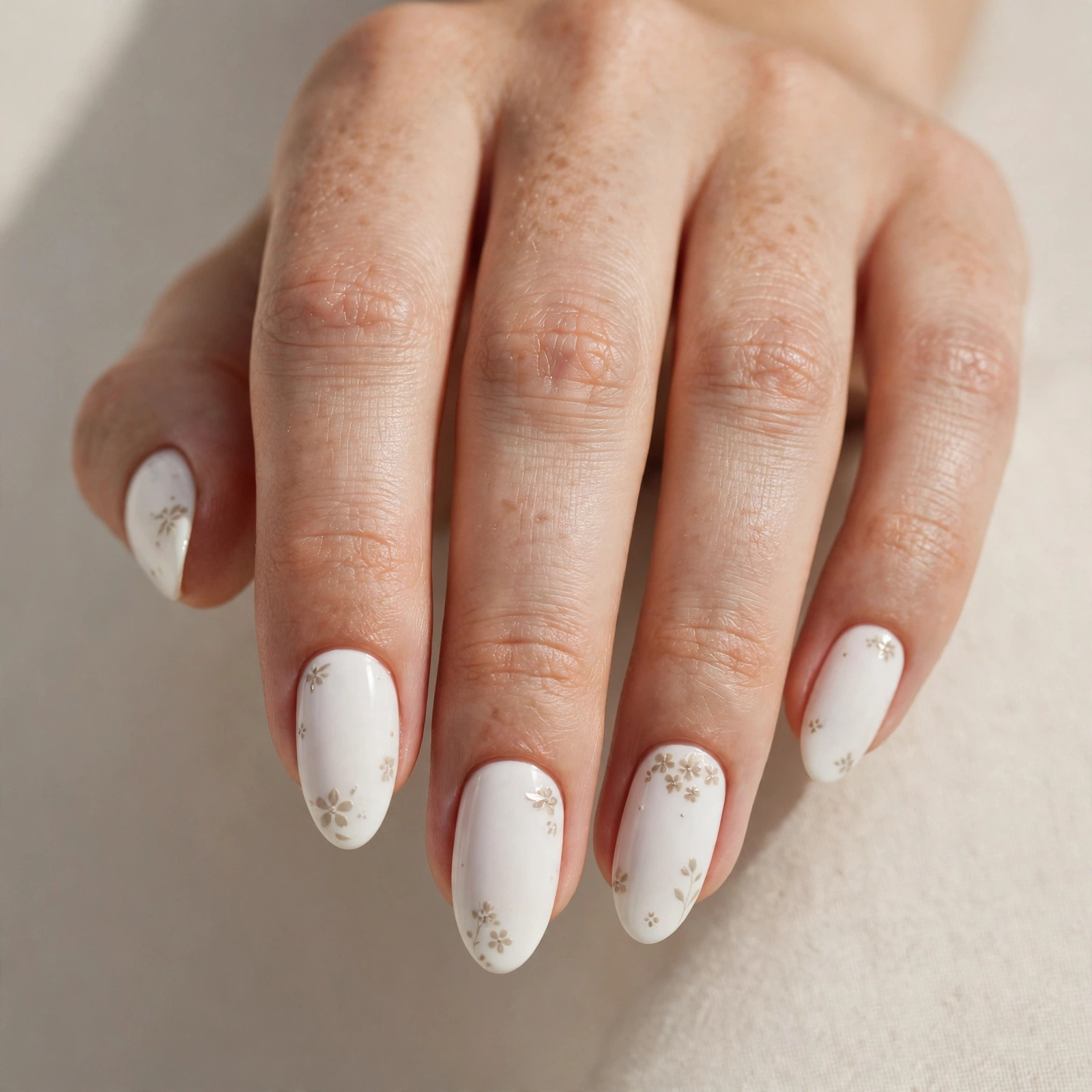 Porcelain white nails with tiny beige floral accents