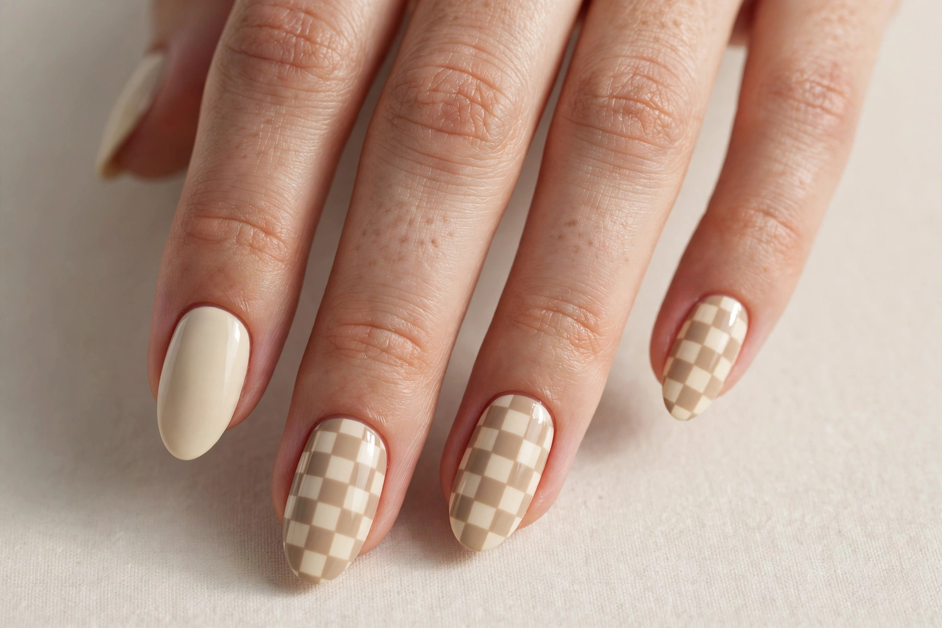 Neutral checkerboard nail art in beige and cream
