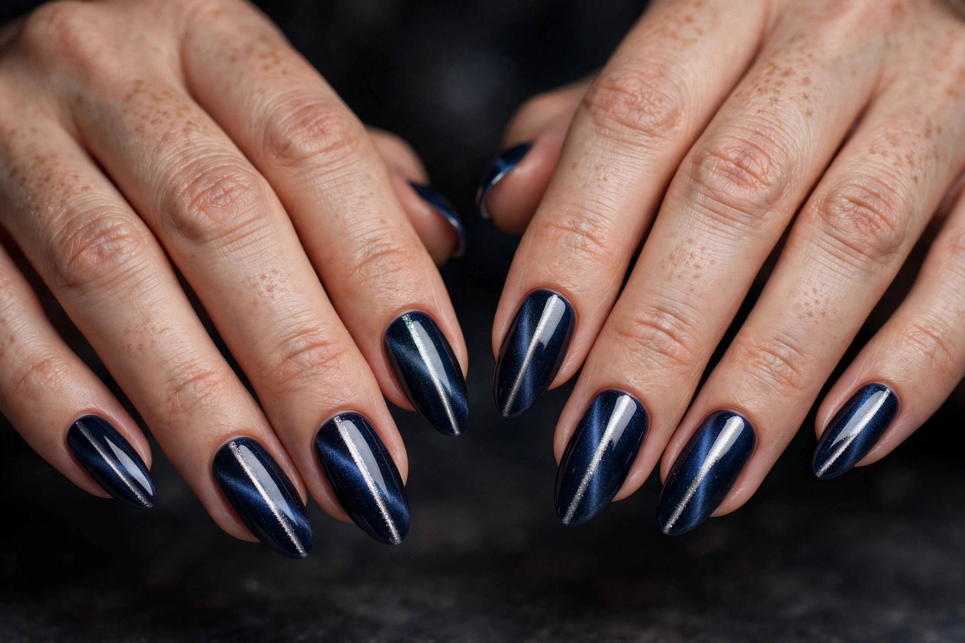 Deep midnight blue cat-eye nails with a silver magnetic shimmer stripe