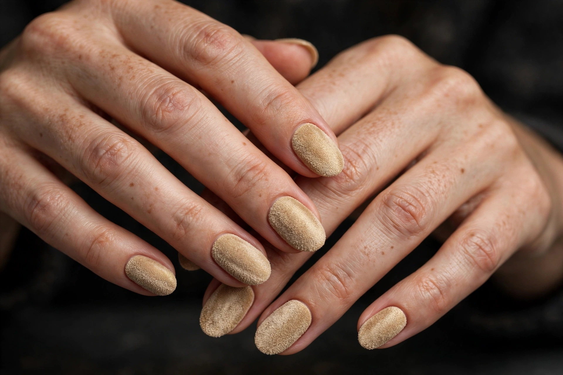 Champagne gold velvet finish nails with soft suede-like texture