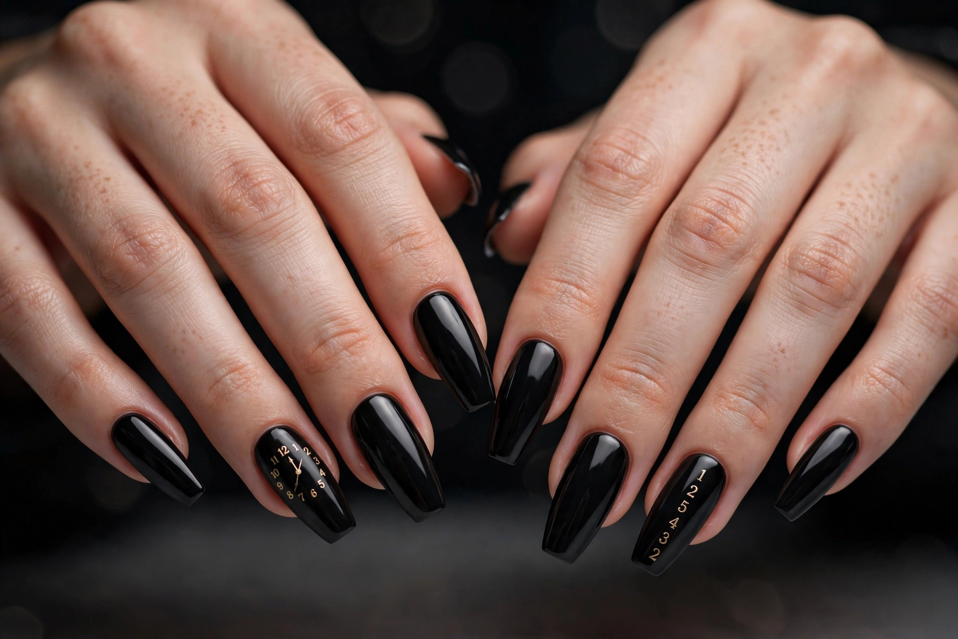 Glossy black nails with tiny gold countdown numerals on accent nails