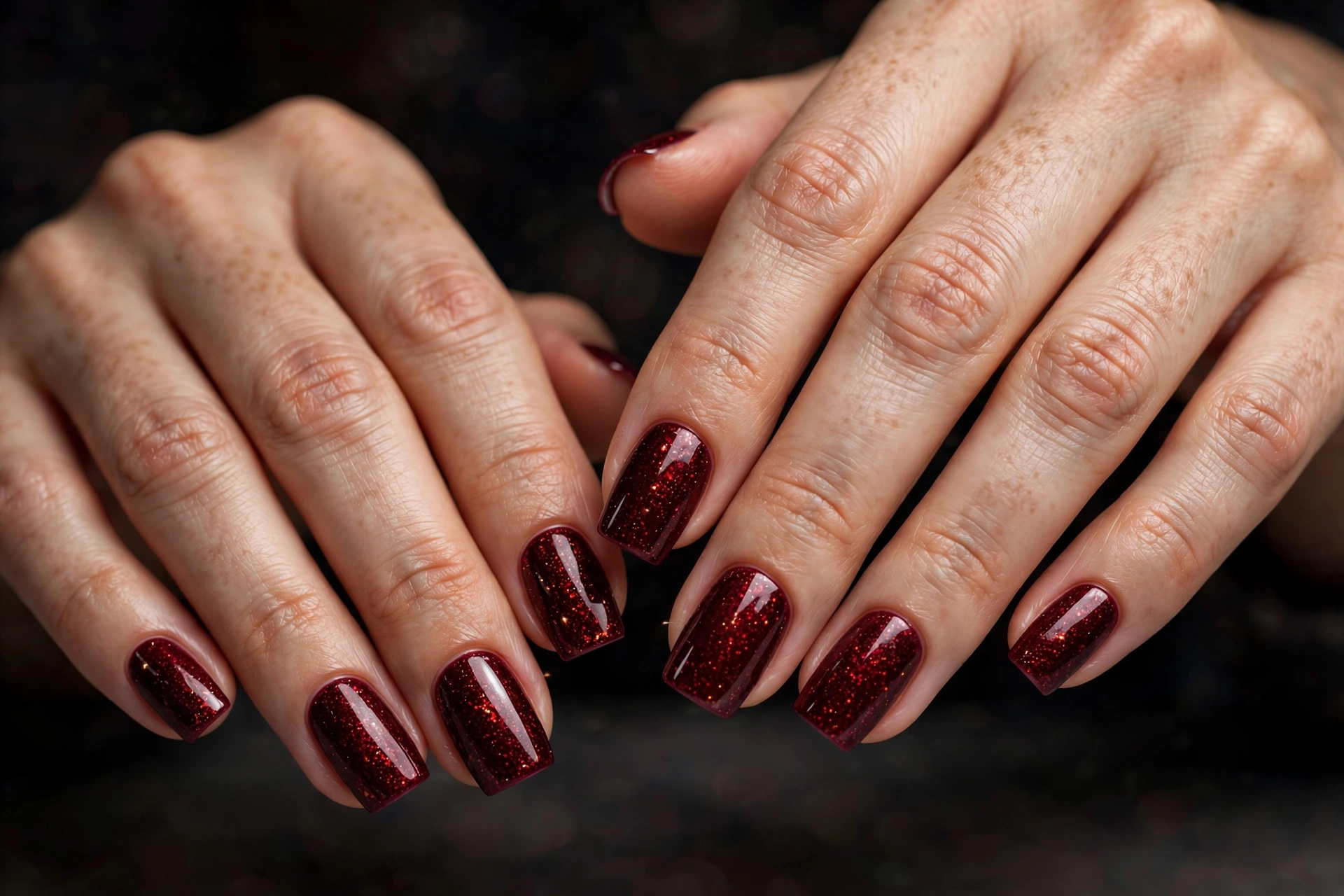Dense deep burgundy red glitter nails with mirror shine