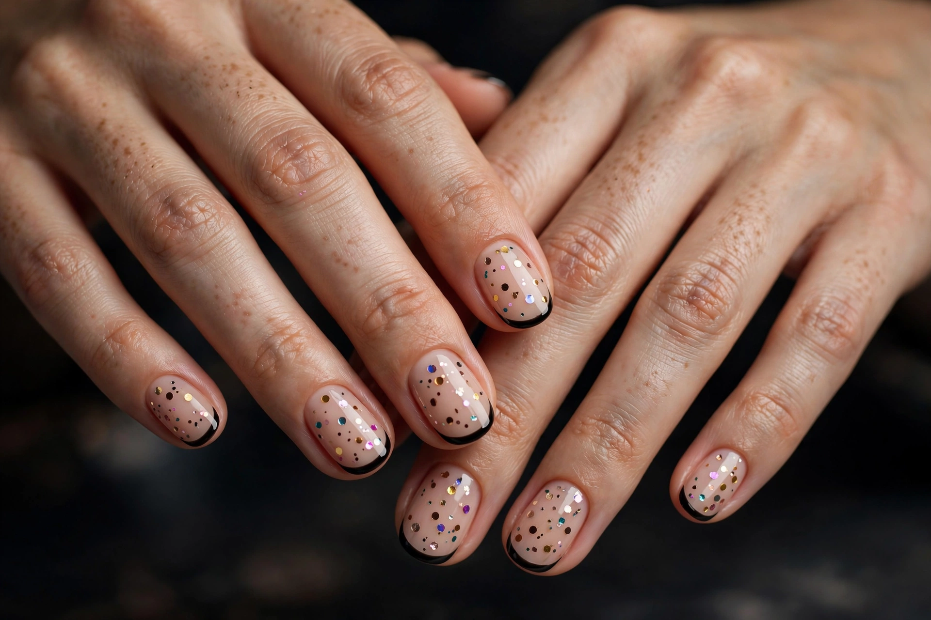 Black French tips on nude base with multicolor metallic confetti dots