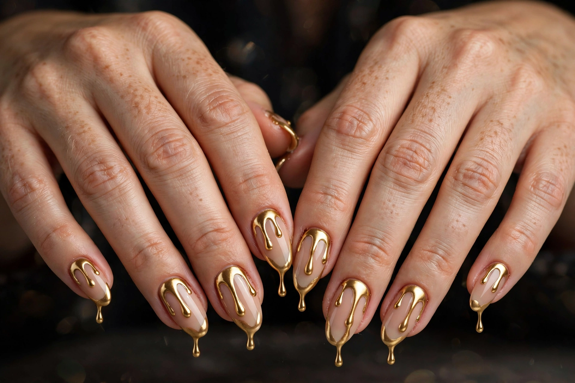 Nude nails with melted champagne gold metallic drips from the cuticle