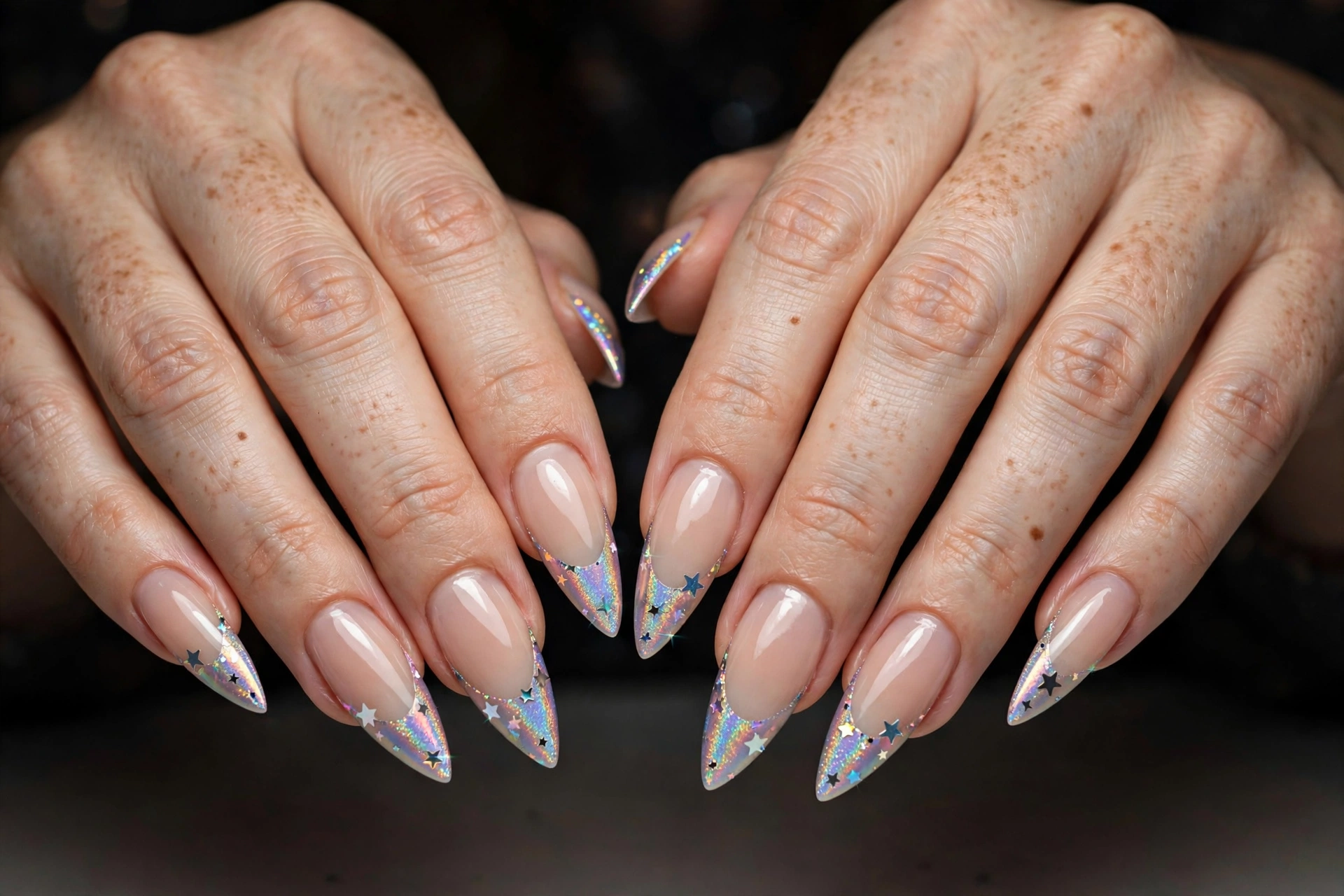 Holographic shimmer French tips with tiny star glitter on stiletto nails