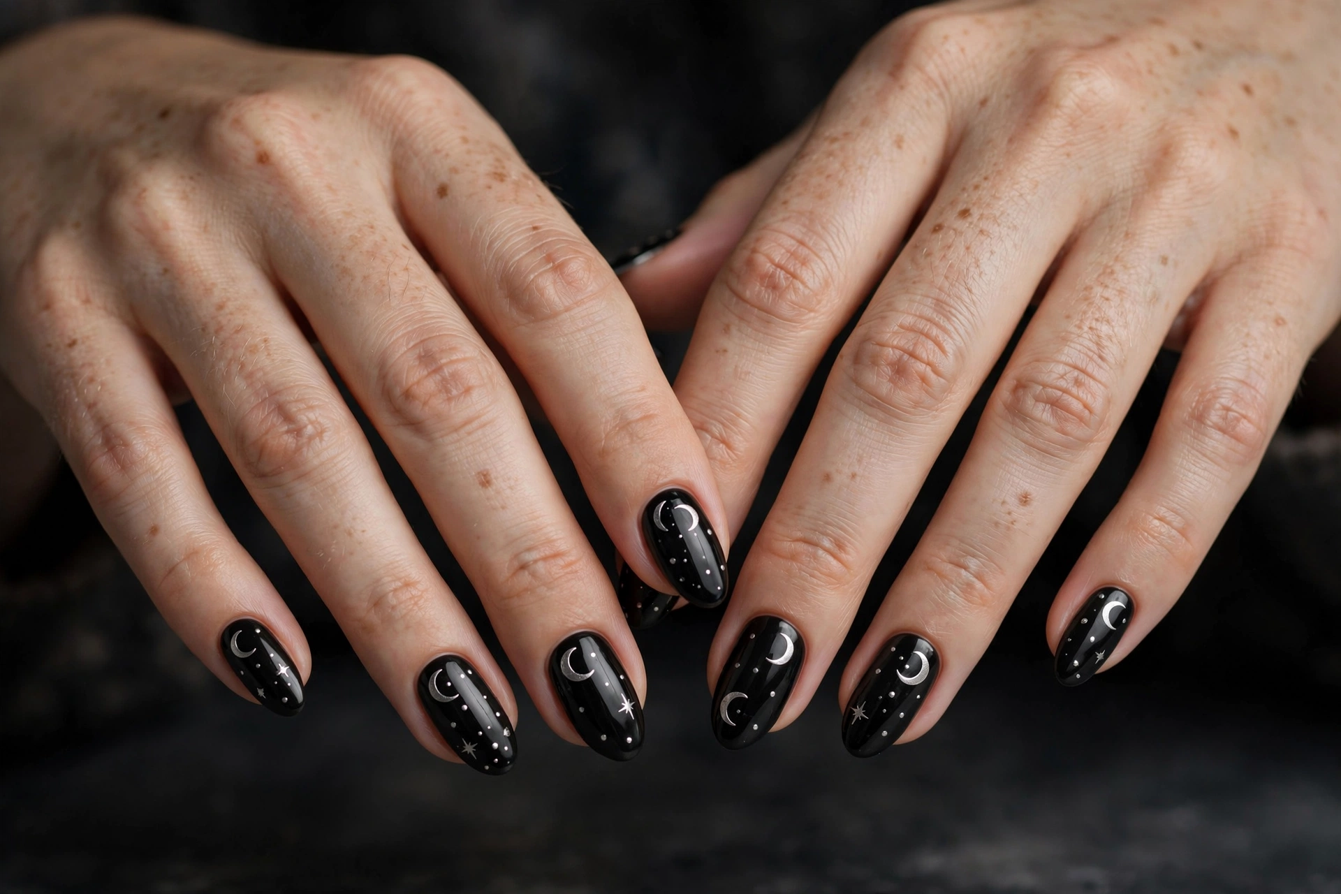 Glossy black nails with delicate silver crescent moon decals