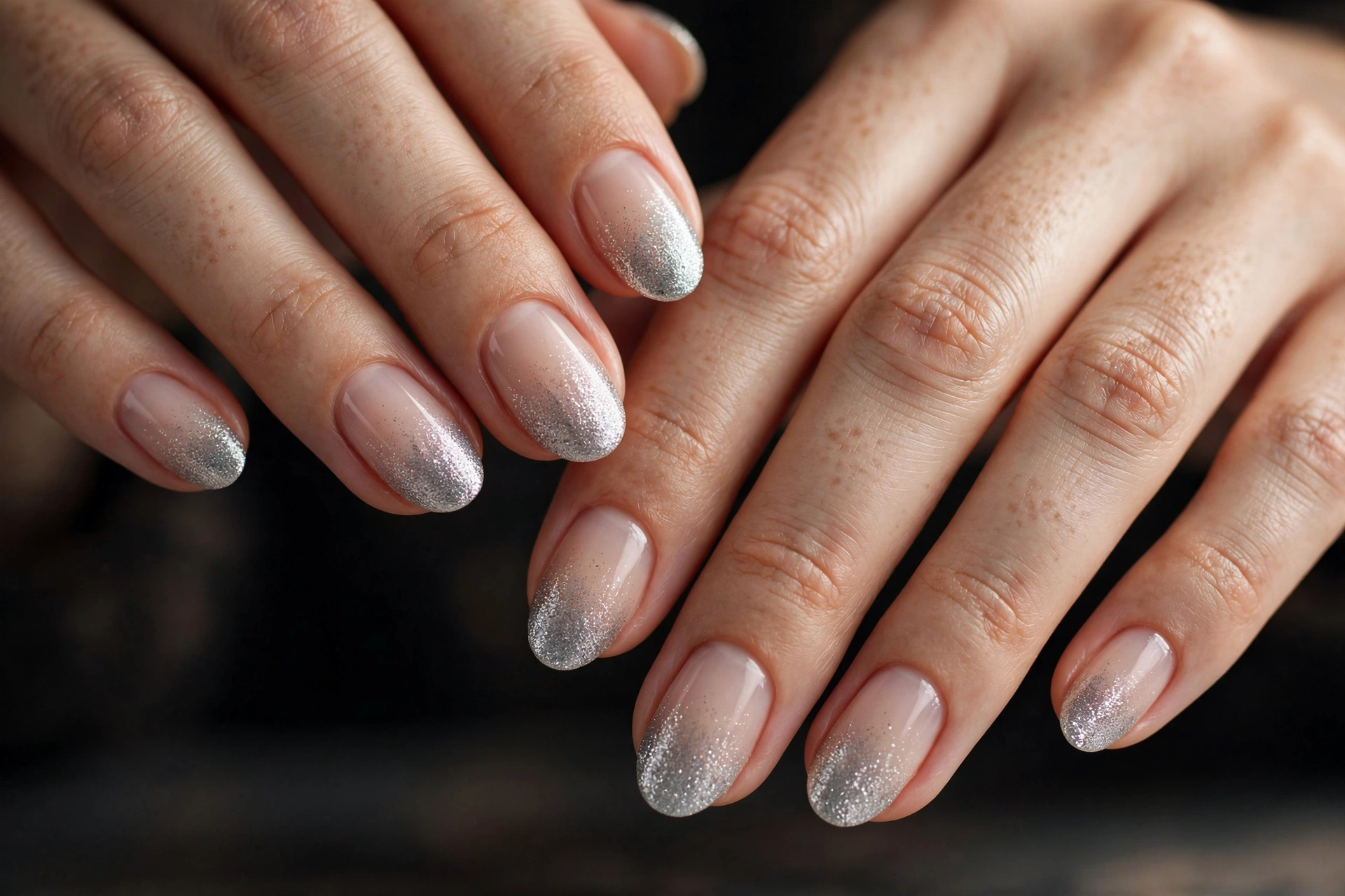 Silver glitter fading from the tips into a sheer nude base