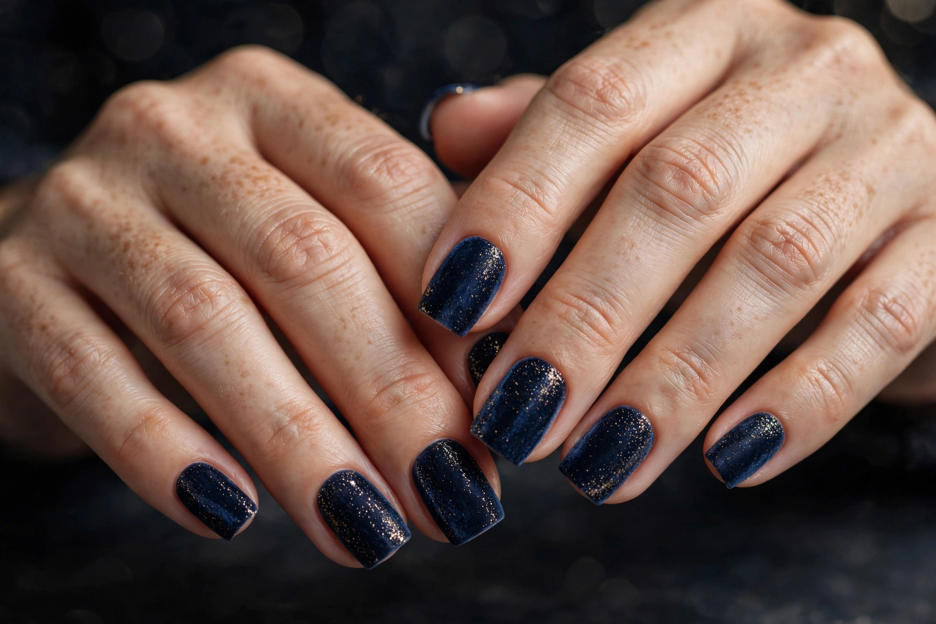 Deep midnight blue velvet nails with fine gold shimmer dust