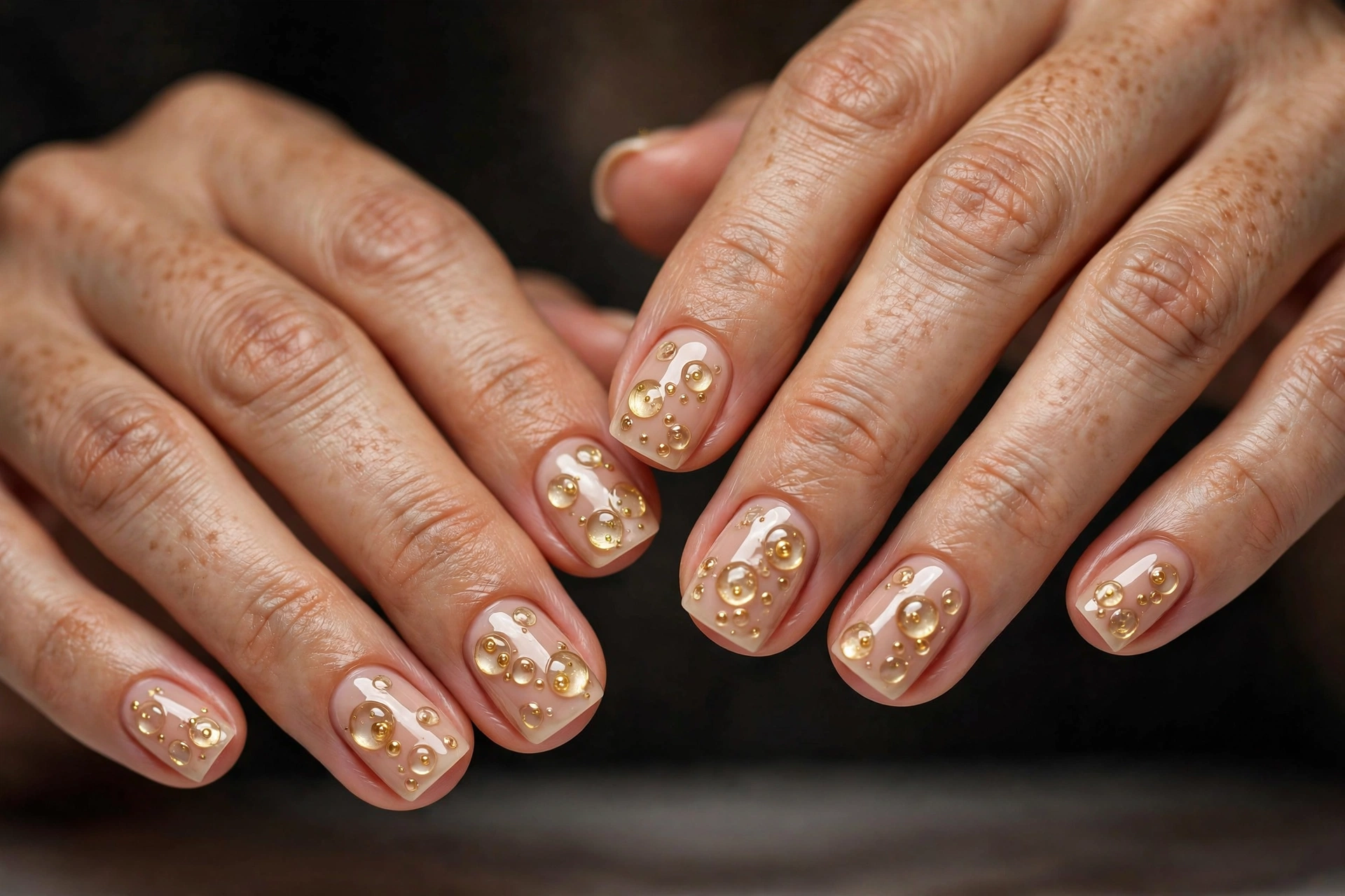 Champagne toned bubble nail art over a glossy nude base