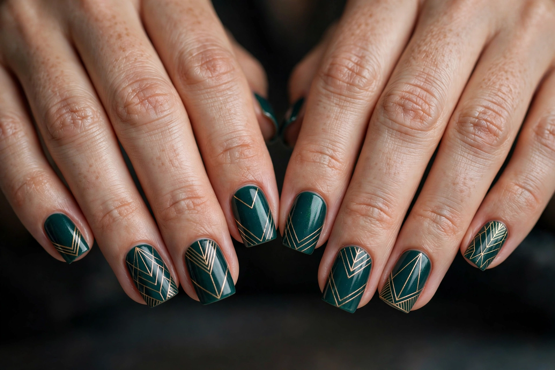 Deep teal green nails with thin gold geometric art-deco lines