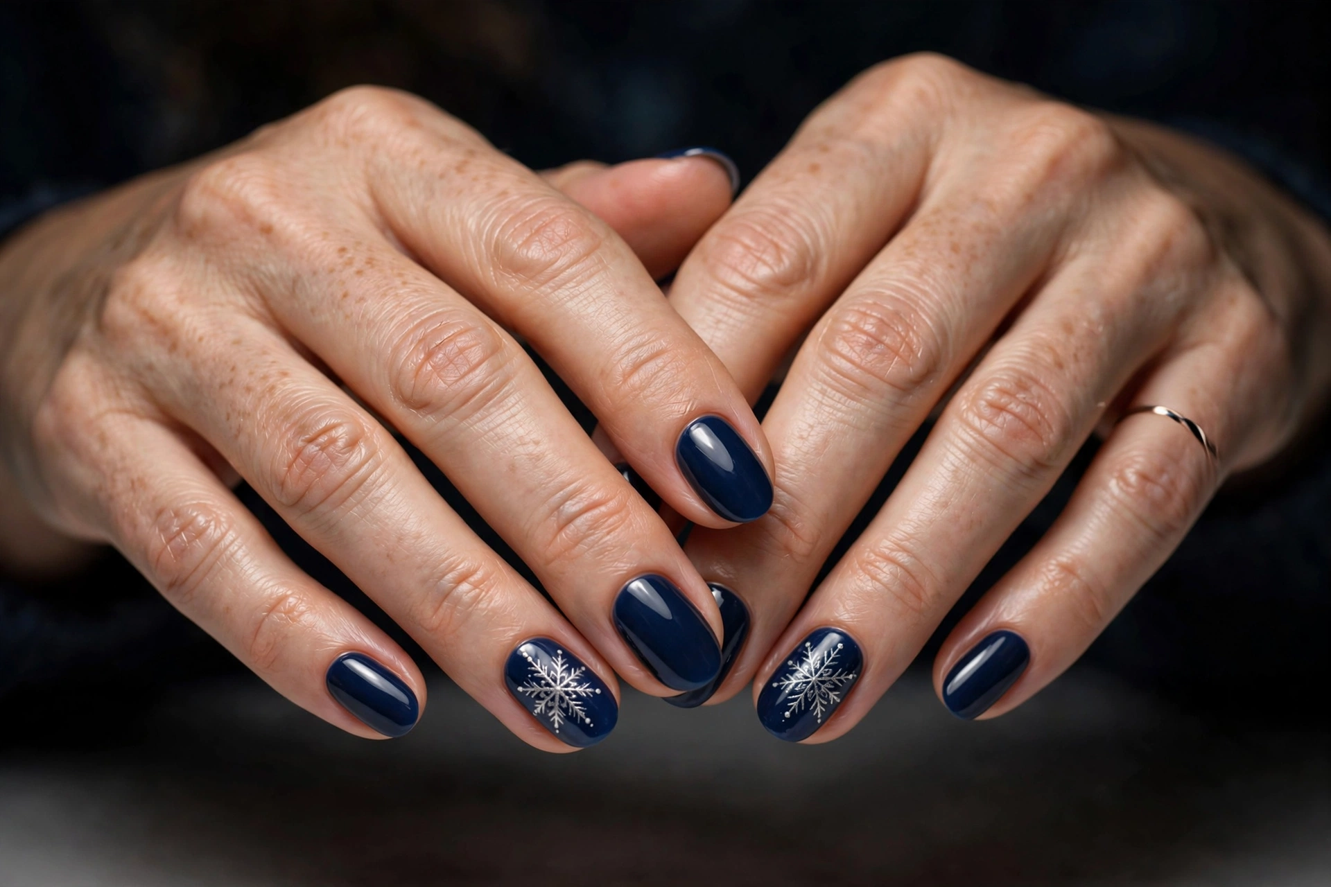 Deep navy nails with fine silver hand-painted snowflake art