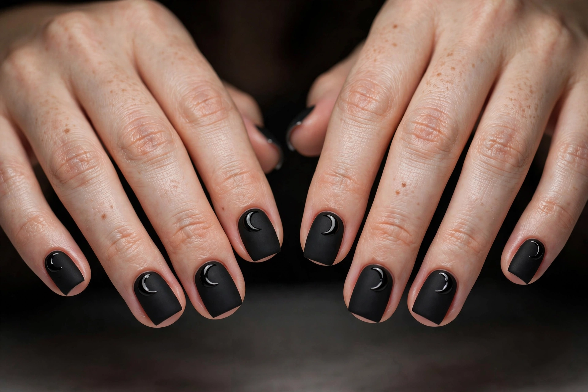 Matte black nails with a single glossy black crescent moon accent