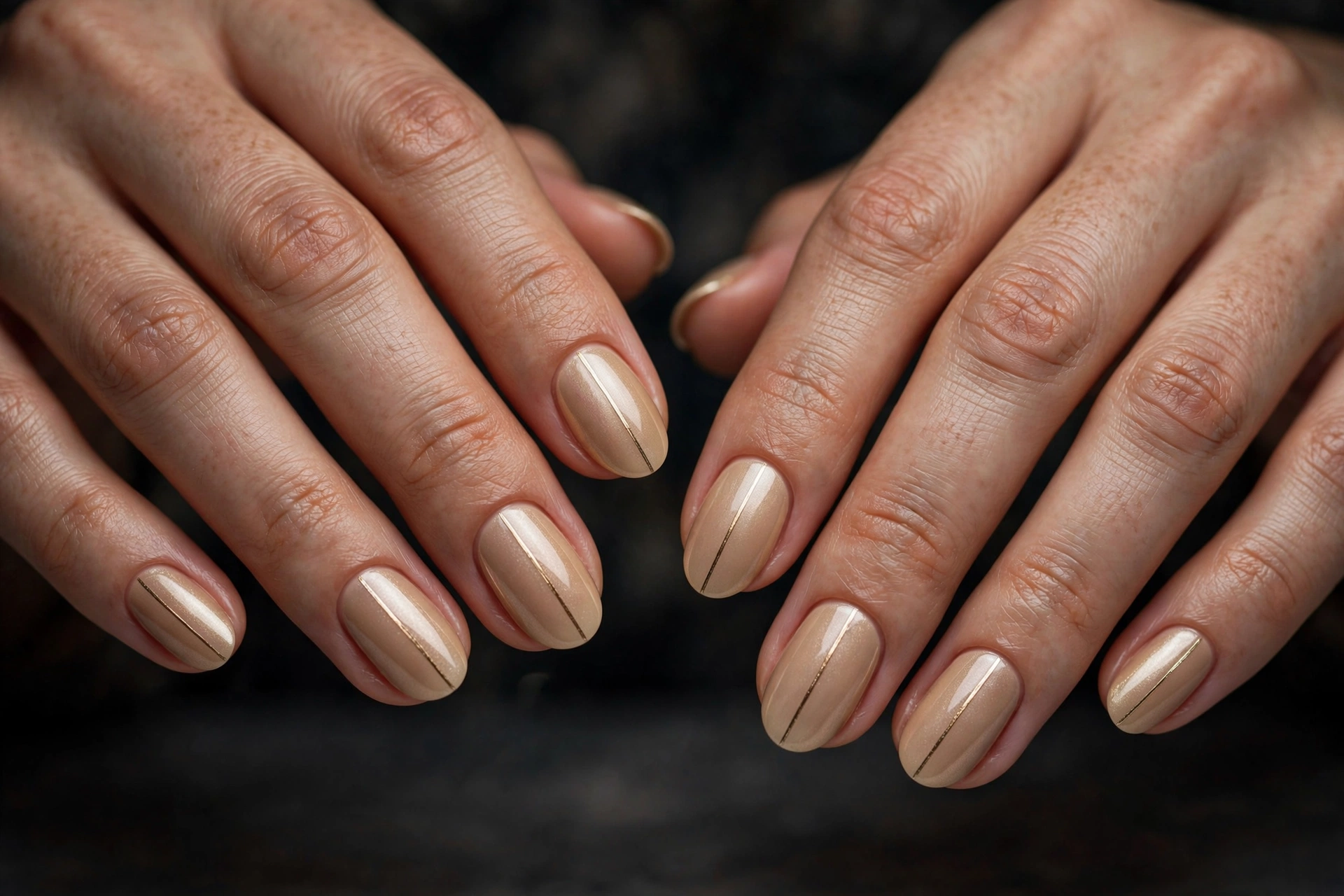 Warm champagne beige nails with thin metallic gold pinstripe lines