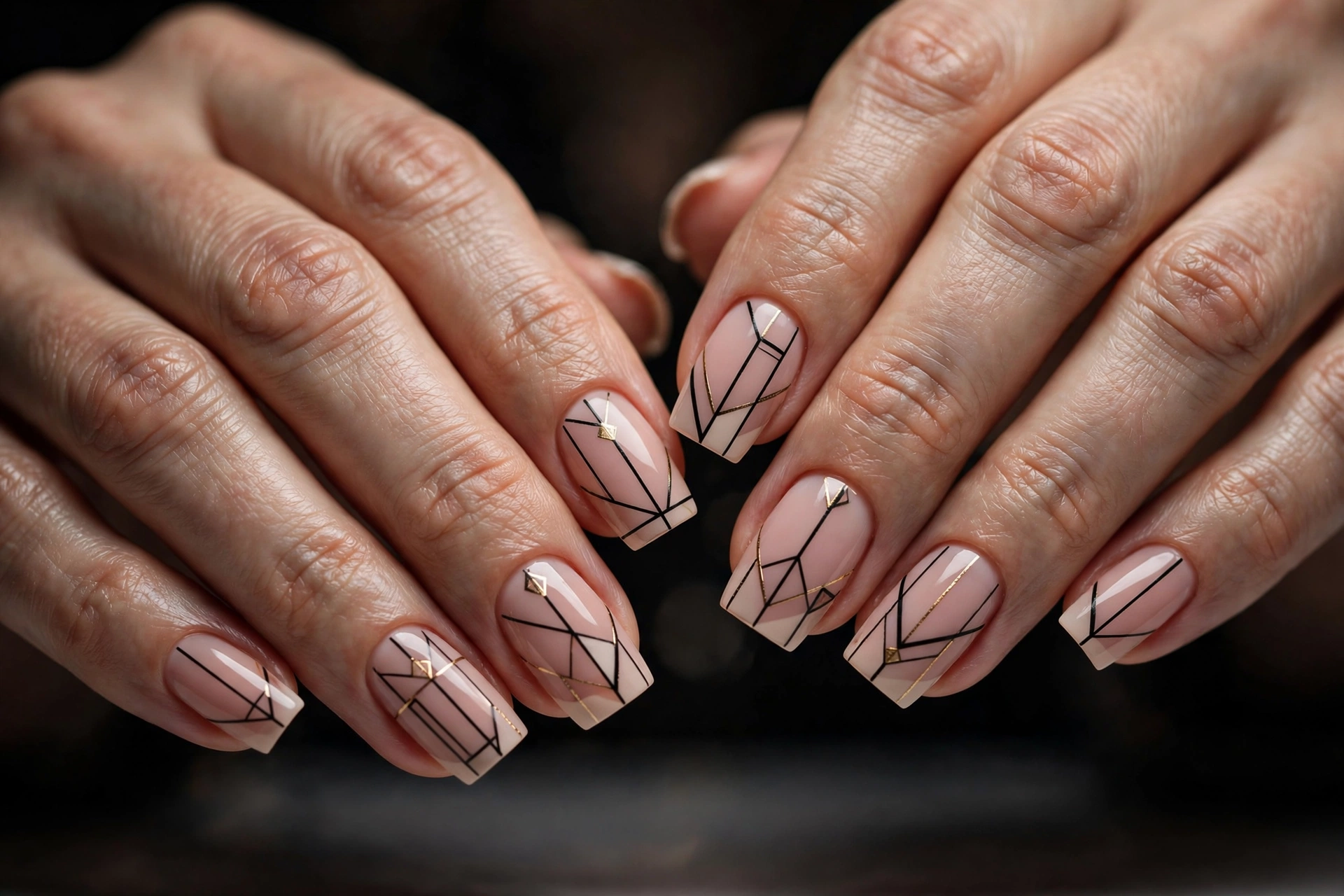 Nude negative space nails with black geometric lines and gold accents