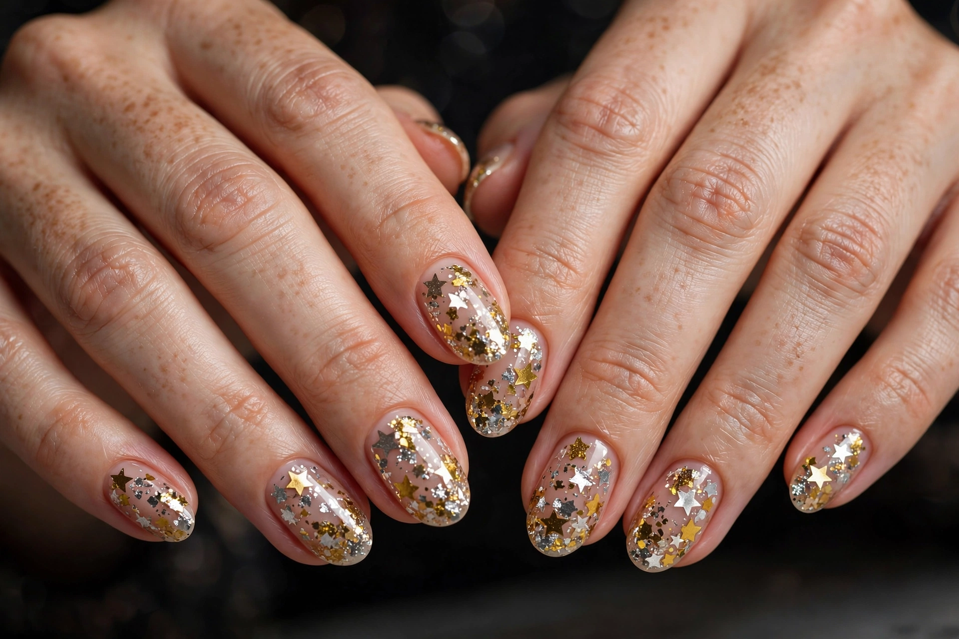 Sheer nude base with chunky star-shaped silver and gold glitter topper