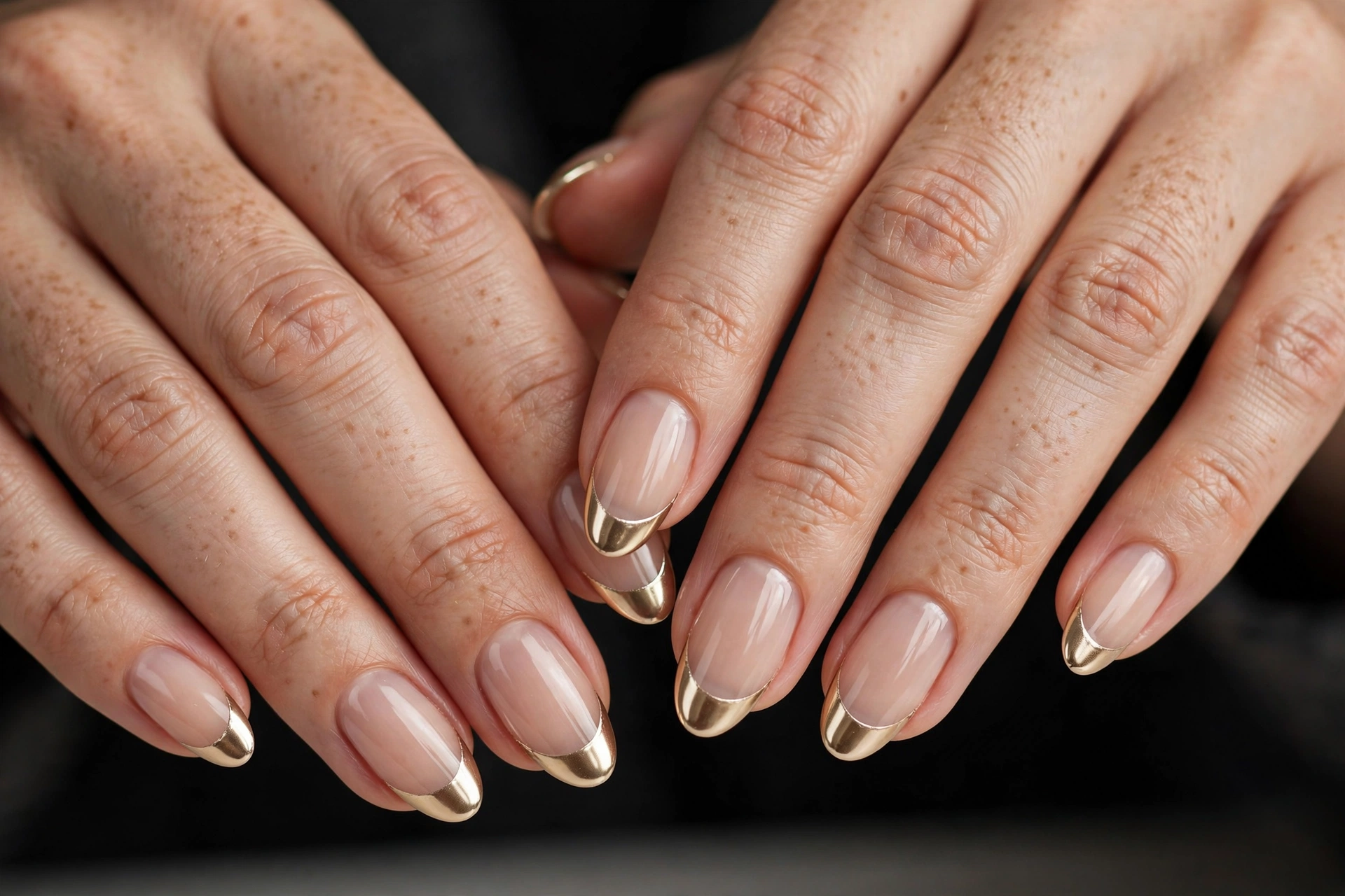 Champagne chrome metallic French tips on a sheer nude base