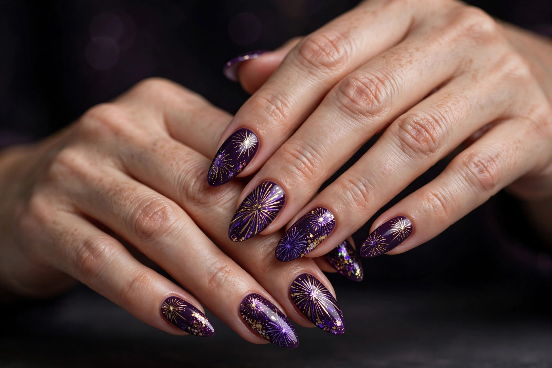 Deep purple nails with gold and violet firework burst nail art