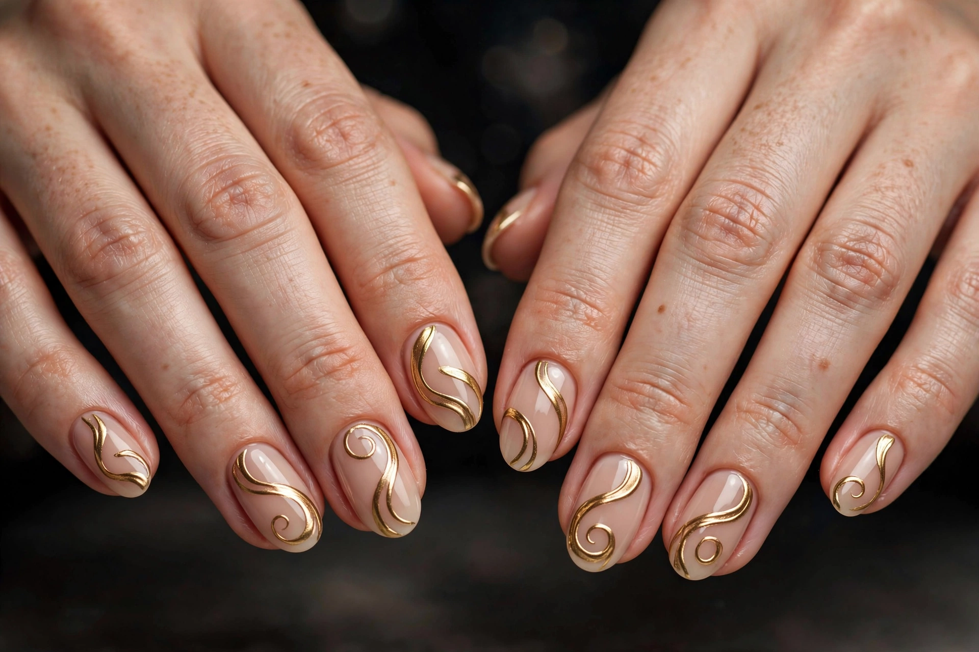 Nude nails with elegant gold metallic ribbon swirl art