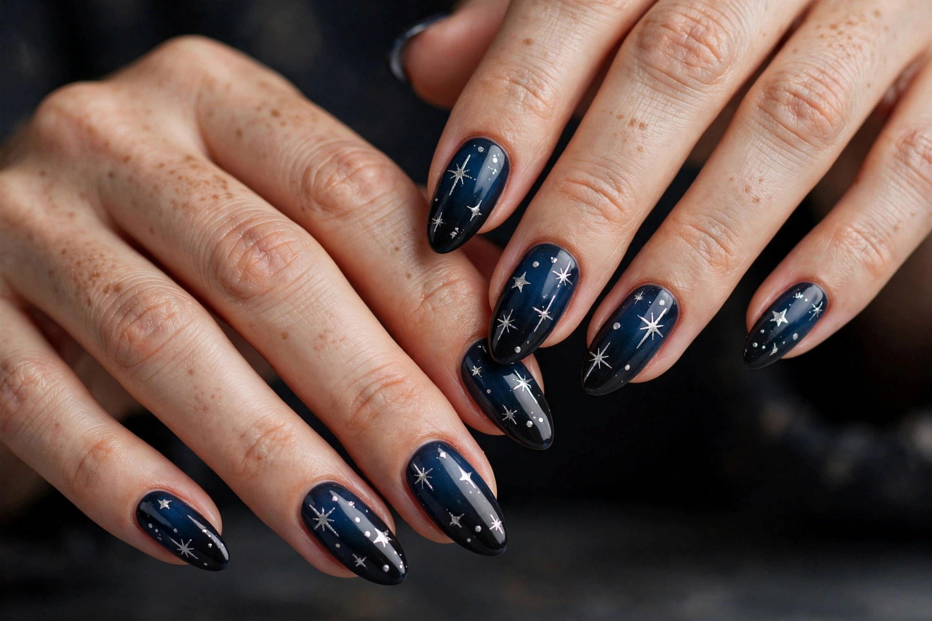 Midnight blue ombré fading to black with hand-painted silver stars