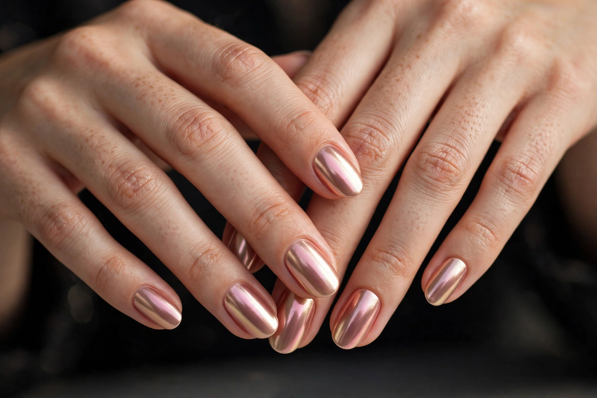 Champagne pink chrome finish with warm pink metallic mirror shine