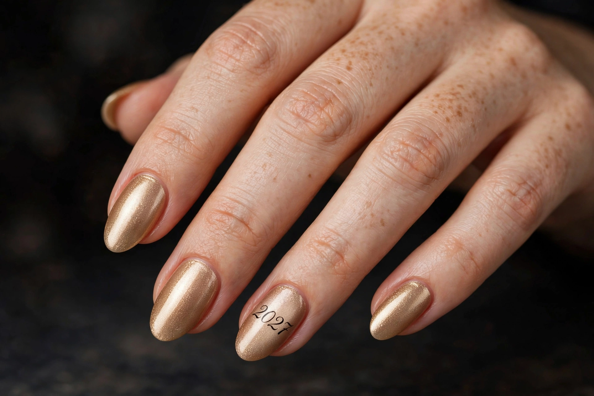 Champagne gold nails with 2027 hand-painted in black script on accent nails